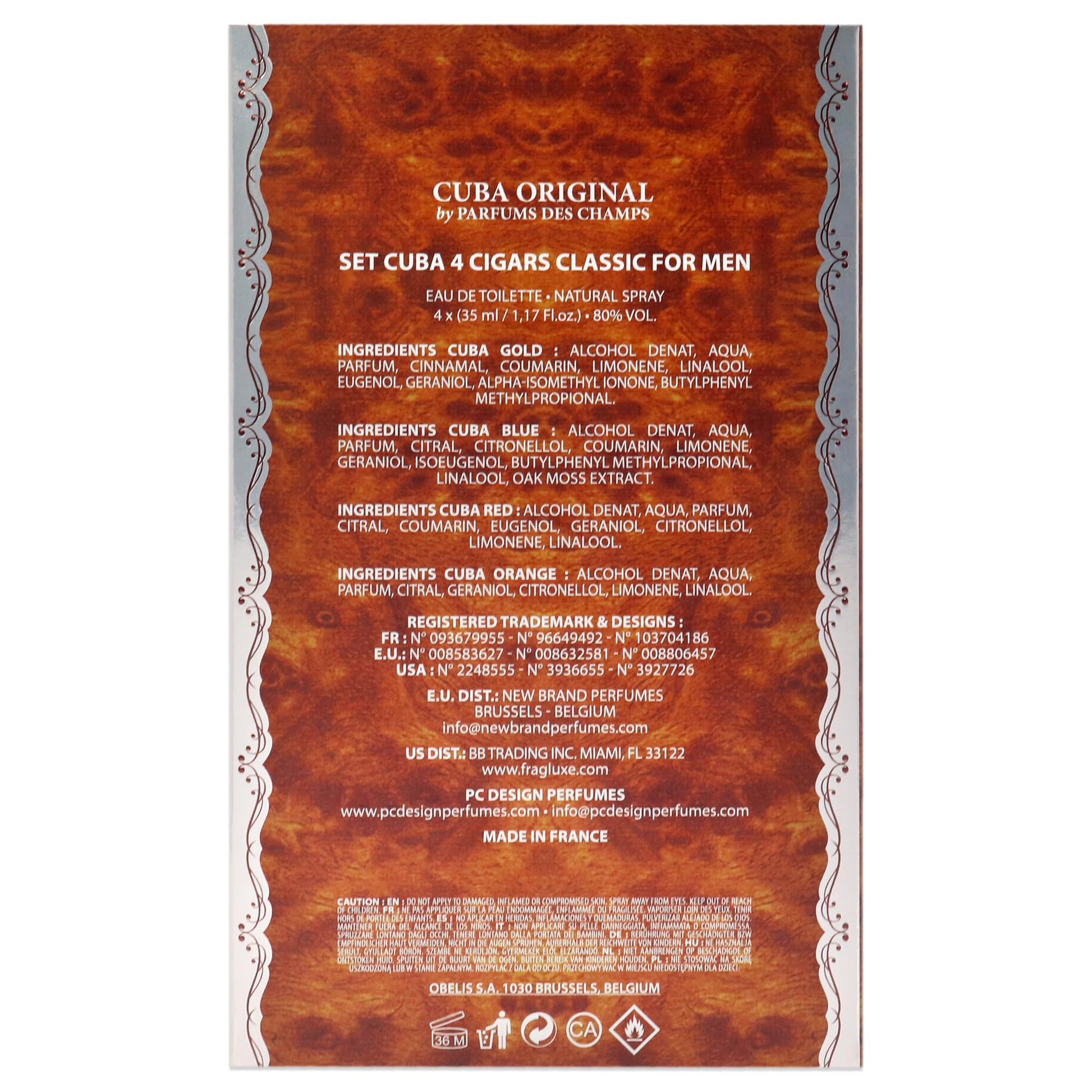 Back of the Cuba Classic Variety packaging highlighting the authentic product information, ingredients list, and fluid ounce markings.