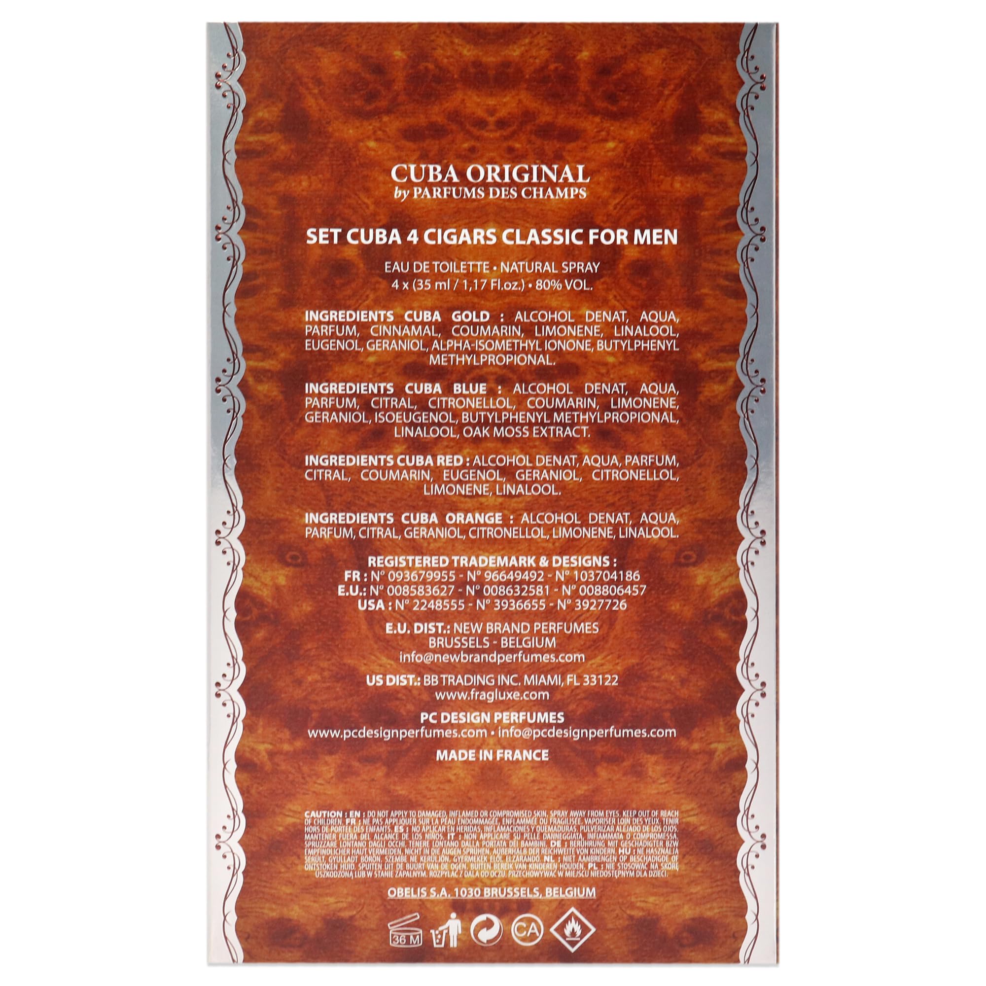 Back of the Cuba Classic Variety packaging highlighting the authentic product information, ingredients list, and fluid ounce markings.