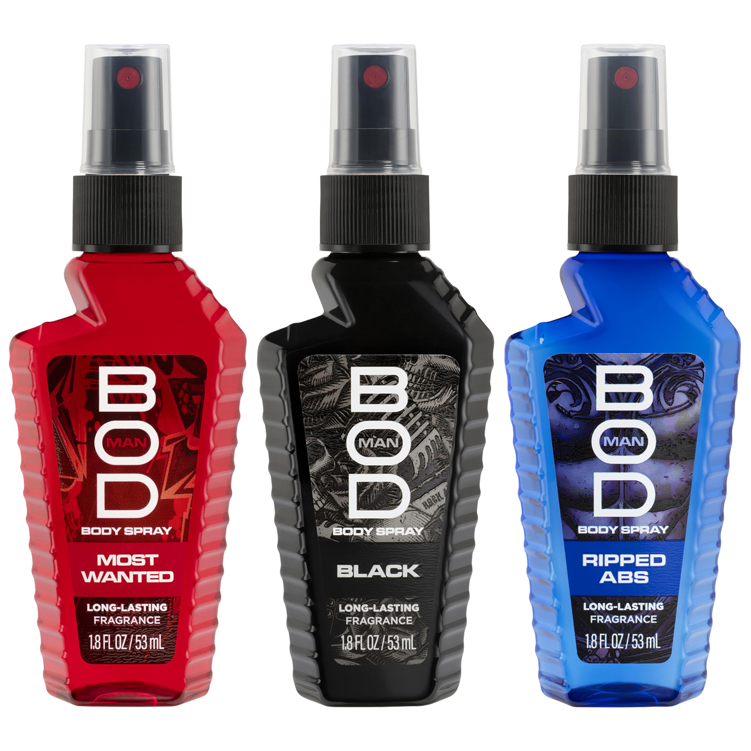 Close up of BOD Man Black and Really Ripped Abs fragrance bottles
