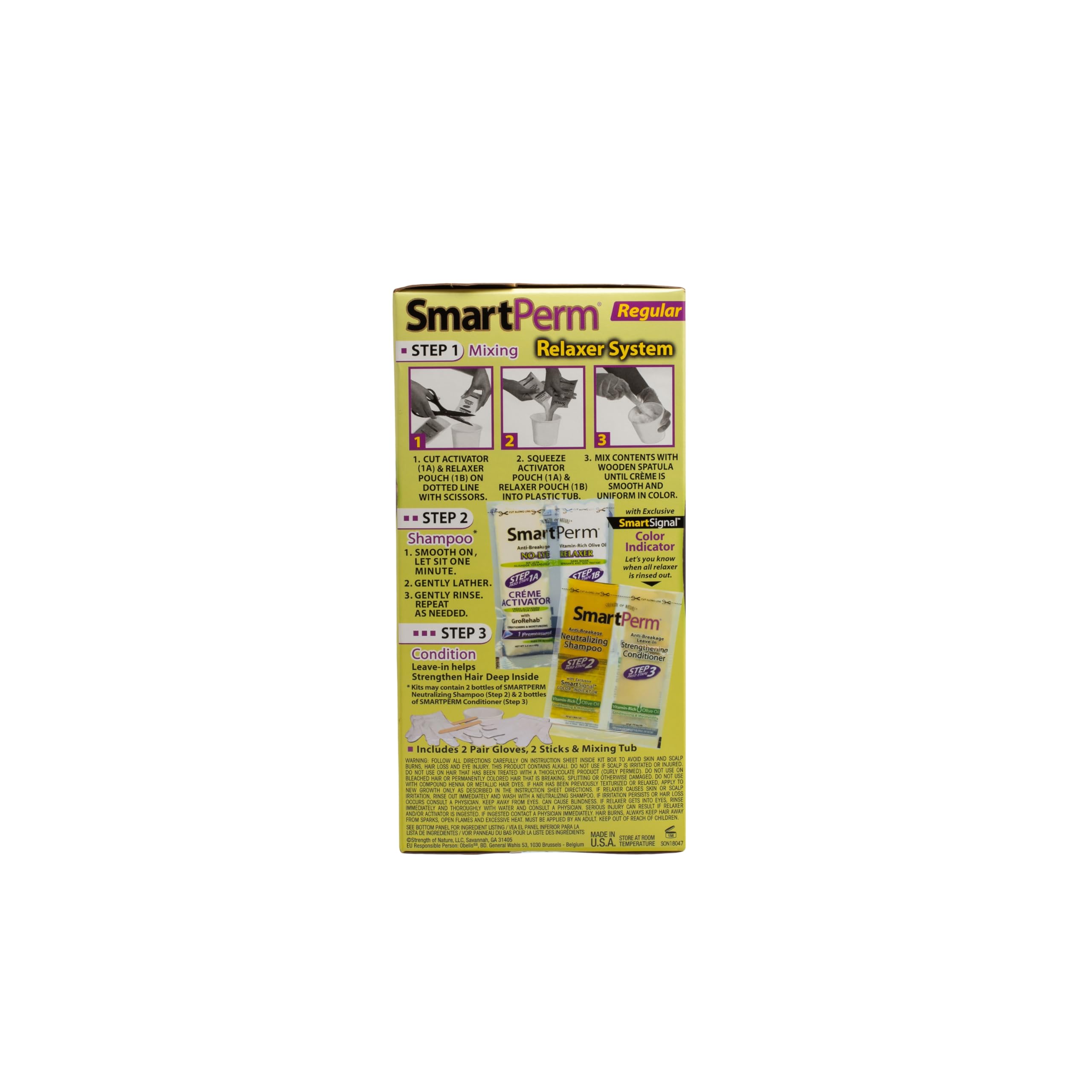 Authentic Smartperm regular strength home perm and relaxer system packaging showing olive oil benefits.