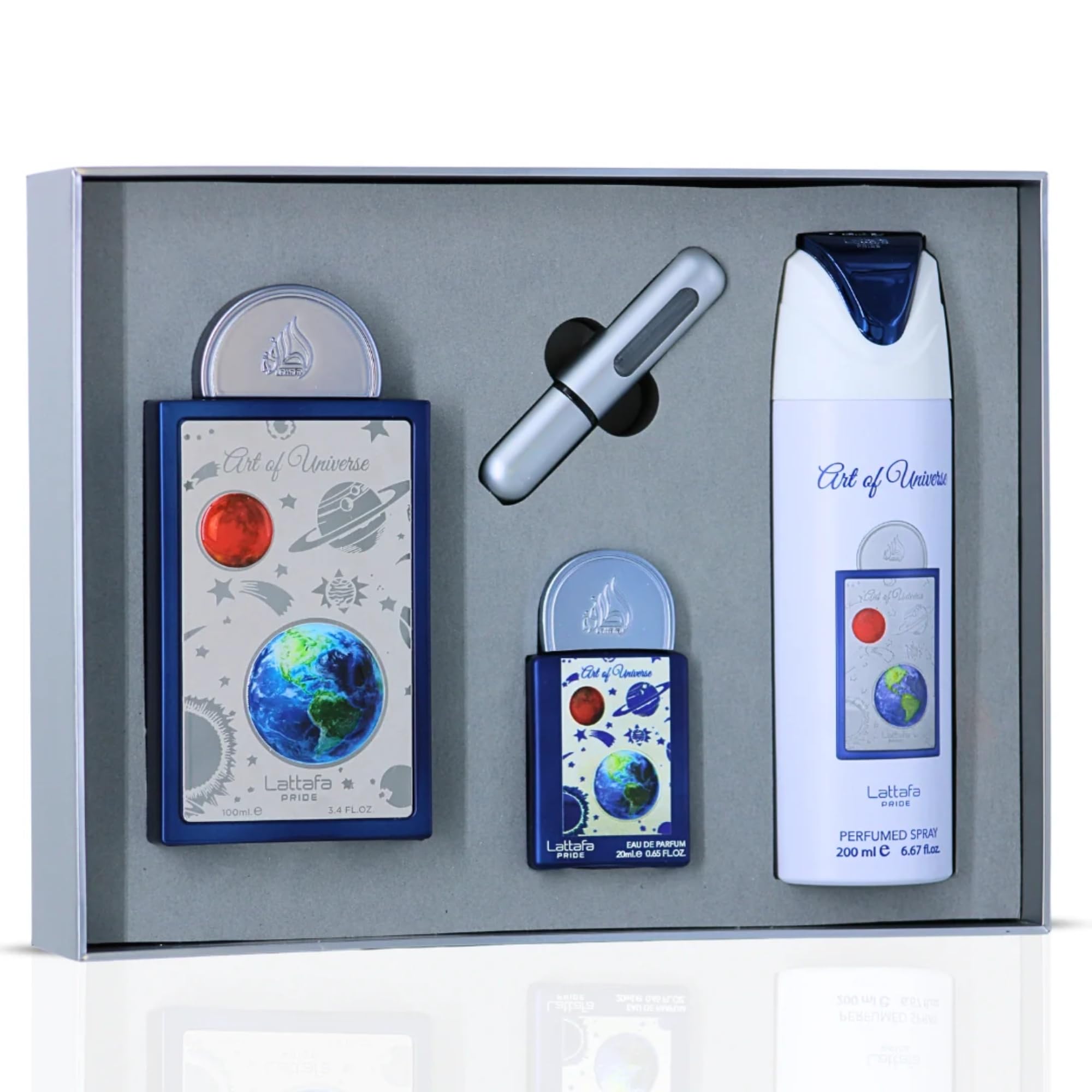 Lattafa Art of Universe perfume bottle and deodorant spray