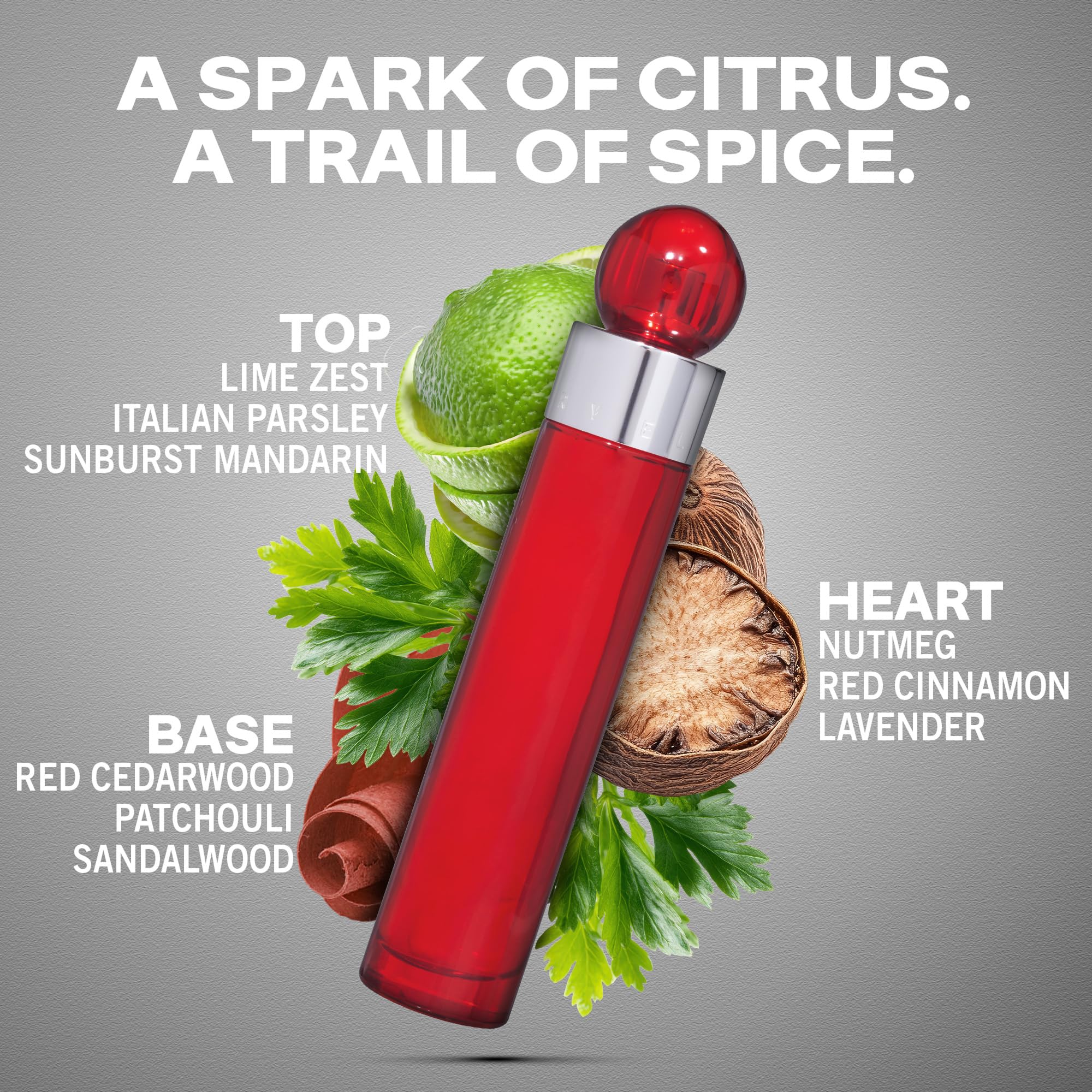 Perry Ellis 360 Degree Red men cologne glass bottle resting on a sleek modern retail display surface.