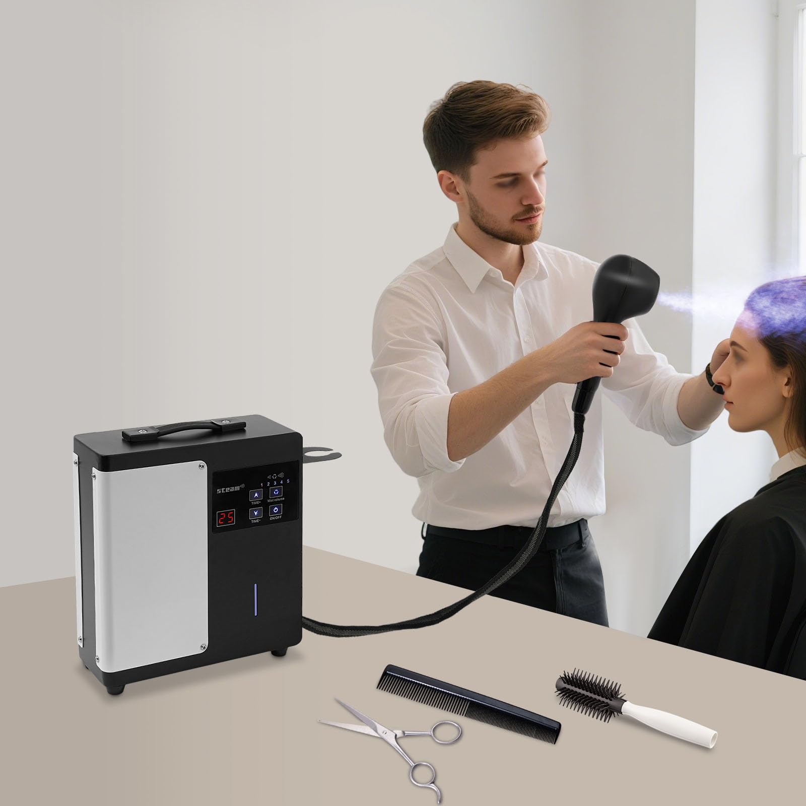 ATOLOMOTOR micro mist hair care sprayer tabletop setup with the 500-milliliter water bottle attached to the side panel.
