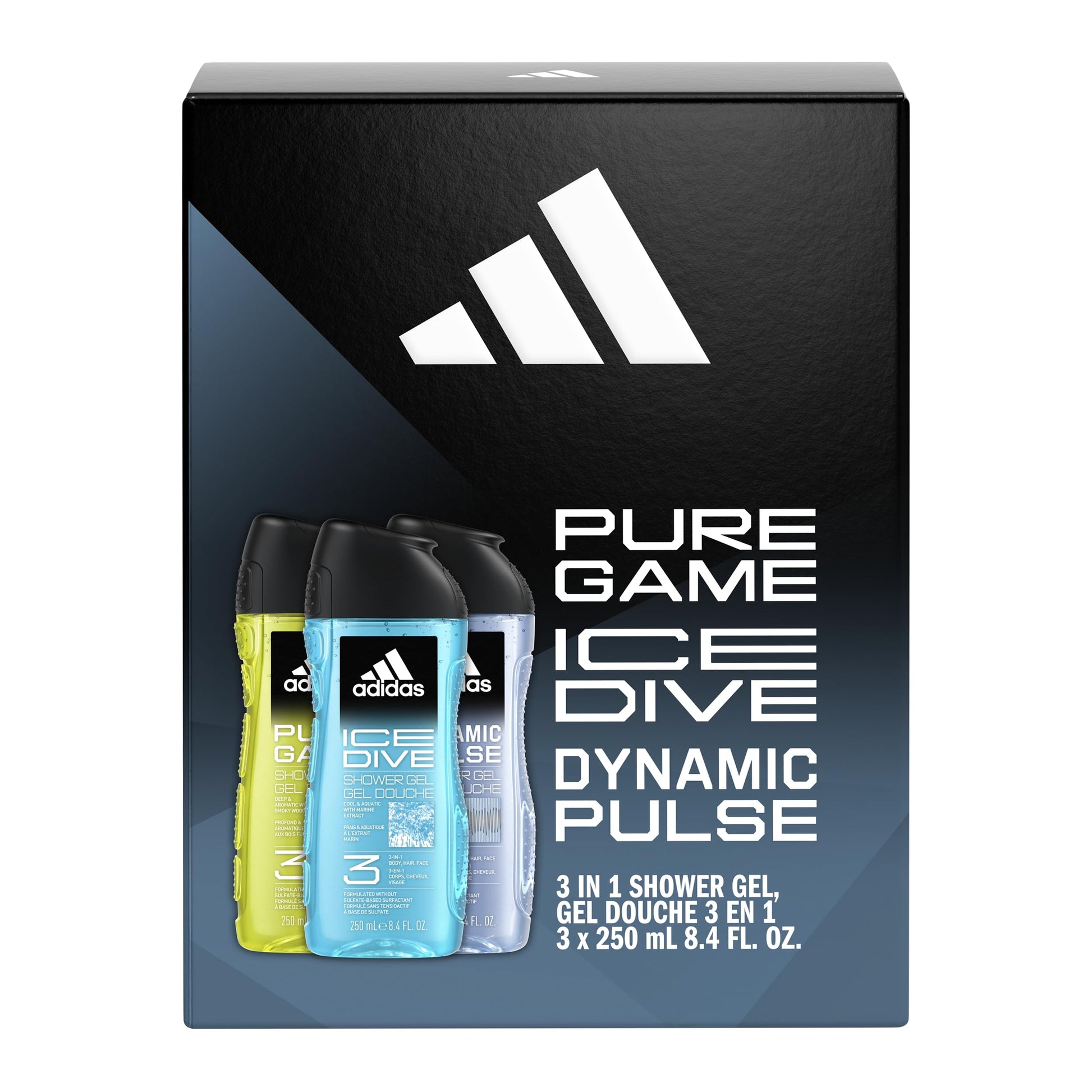 Back view of Adidas shower gel bottles with ingredient list