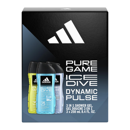 Back view of Adidas shower gel bottles with ingredient list