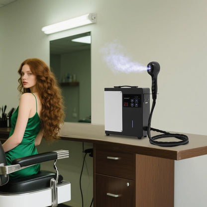 Close-up of the full touch control panel on the ATOLOMOTOR nano spray hair care machine highlighting the timer adjustment.