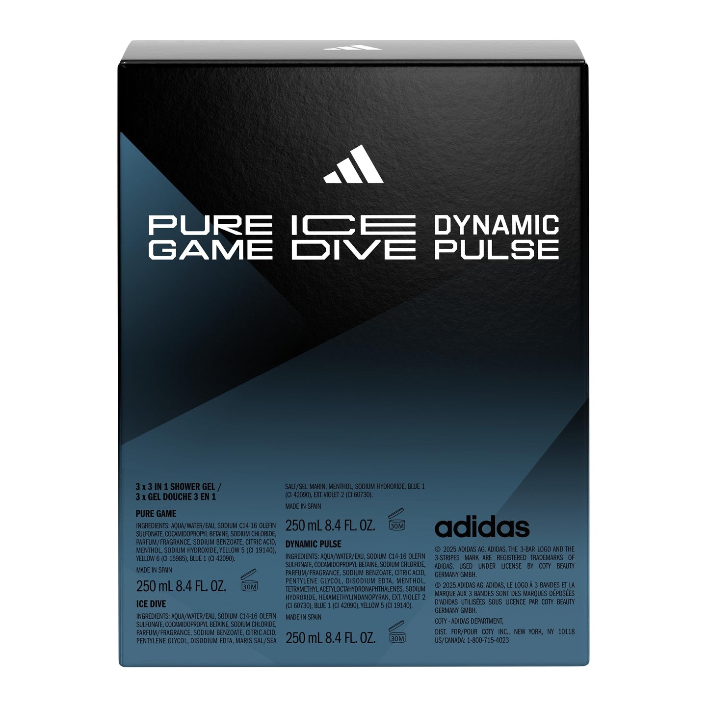 Three Adidas shower gels displayed for men's personal care