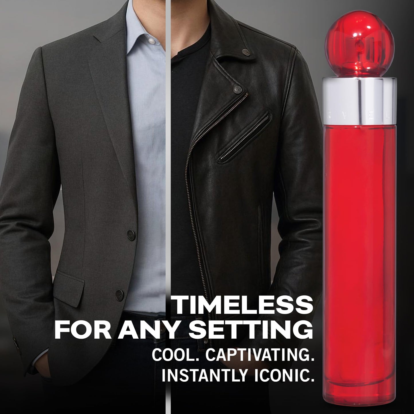Side profile view showcasing the typography and design details of the silver canister packaging for Perry Ellis 360 Degree Red.