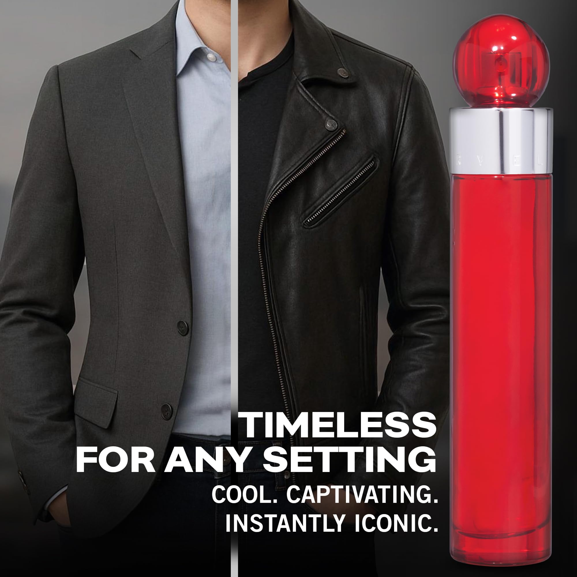 Side profile view showcasing the typography and design details of the silver canister packaging for Perry Ellis 360 Degree Red.