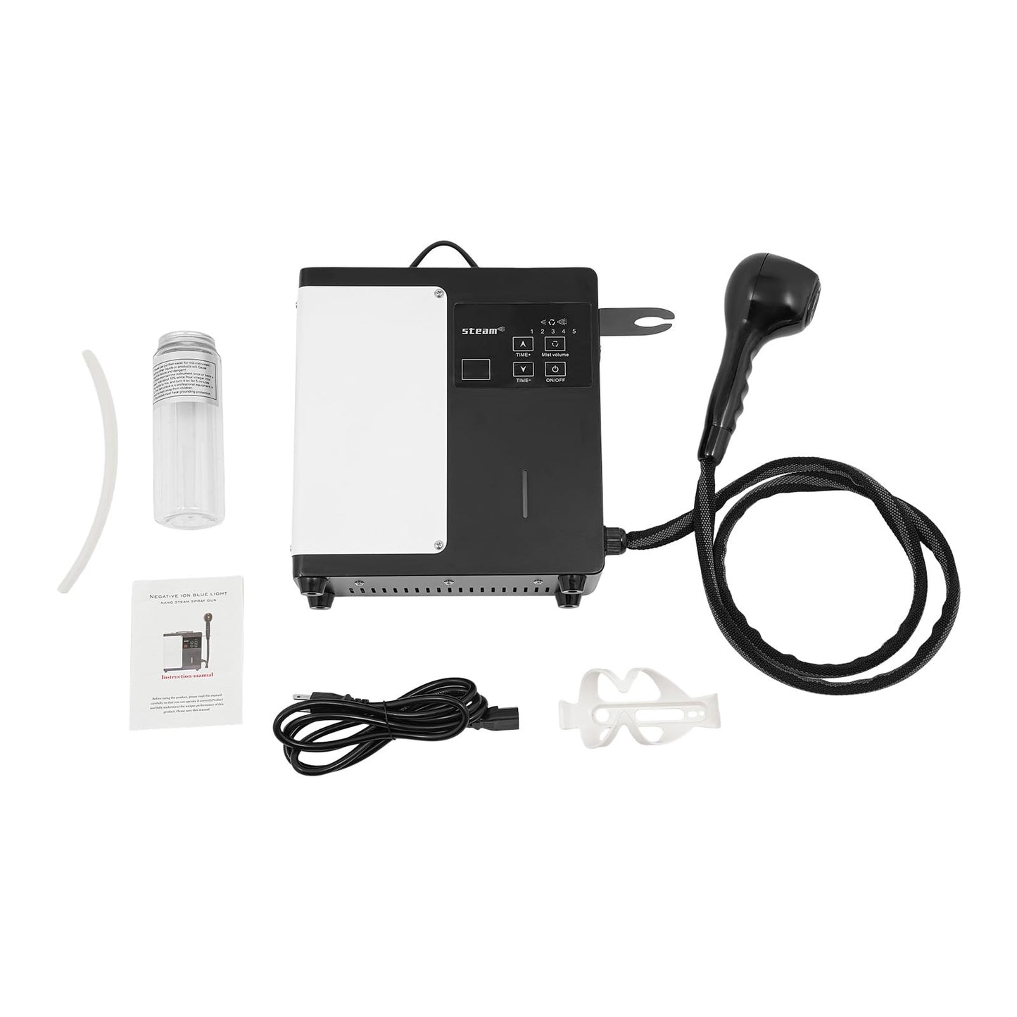 The complete kit of the ATOLOMOTOR professional hair care sprayer showing the main unit, water bottle, and power cord.