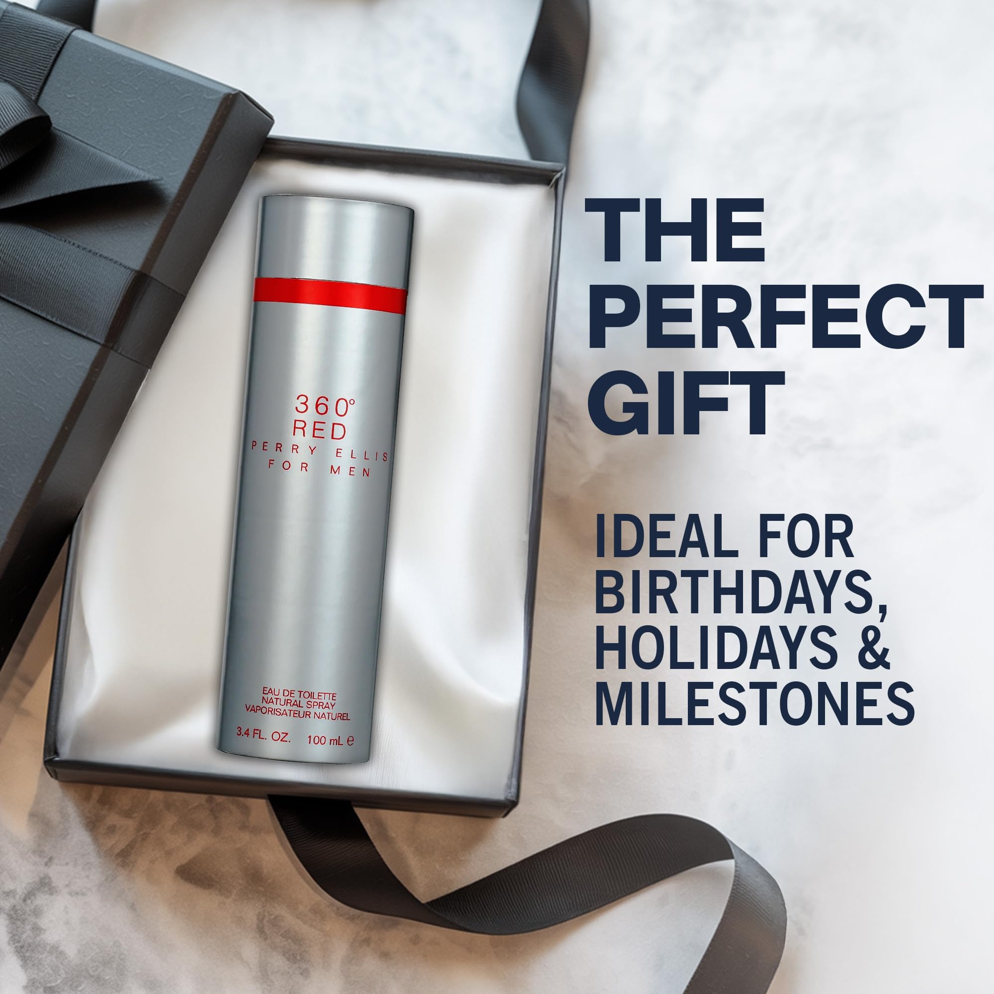 Perry Ellis 360 Degree Red 3.4 Fluid Ounce bottle unboxed alongside its custom silver metallic cylindrical container.