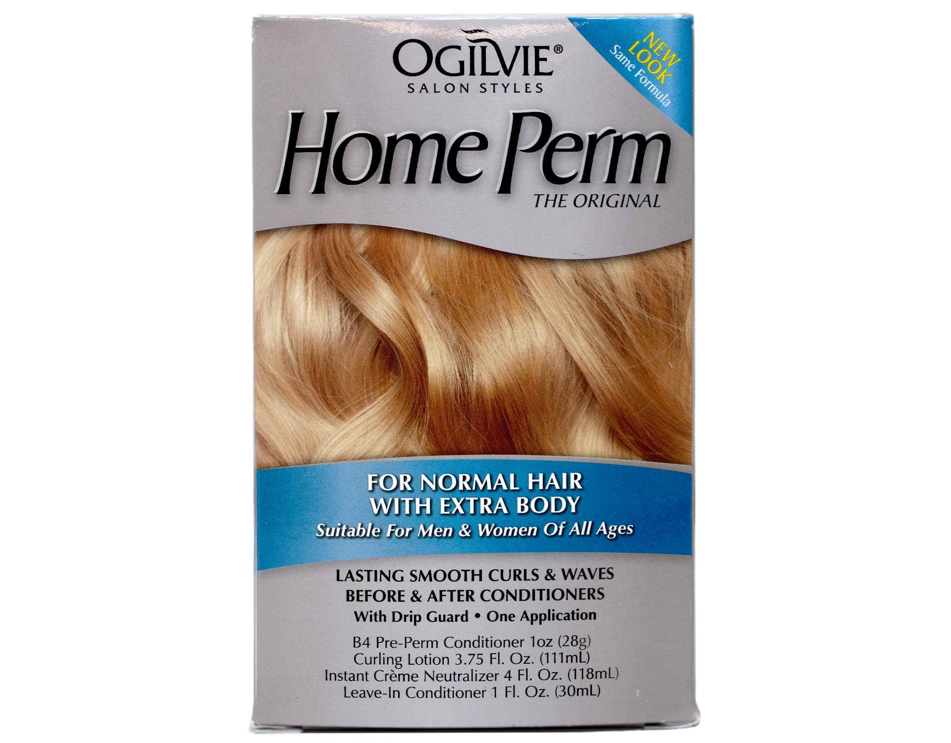 Ogilvie Home Perm for color treated hair packaging showing six piece kit contents