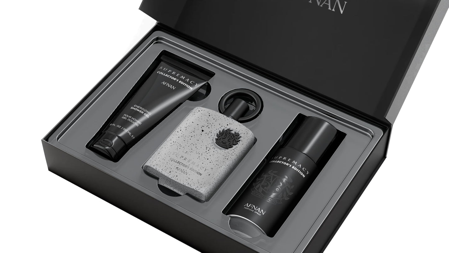 Afnan Supremacy Collector's Edition perfume bottle and grooming items