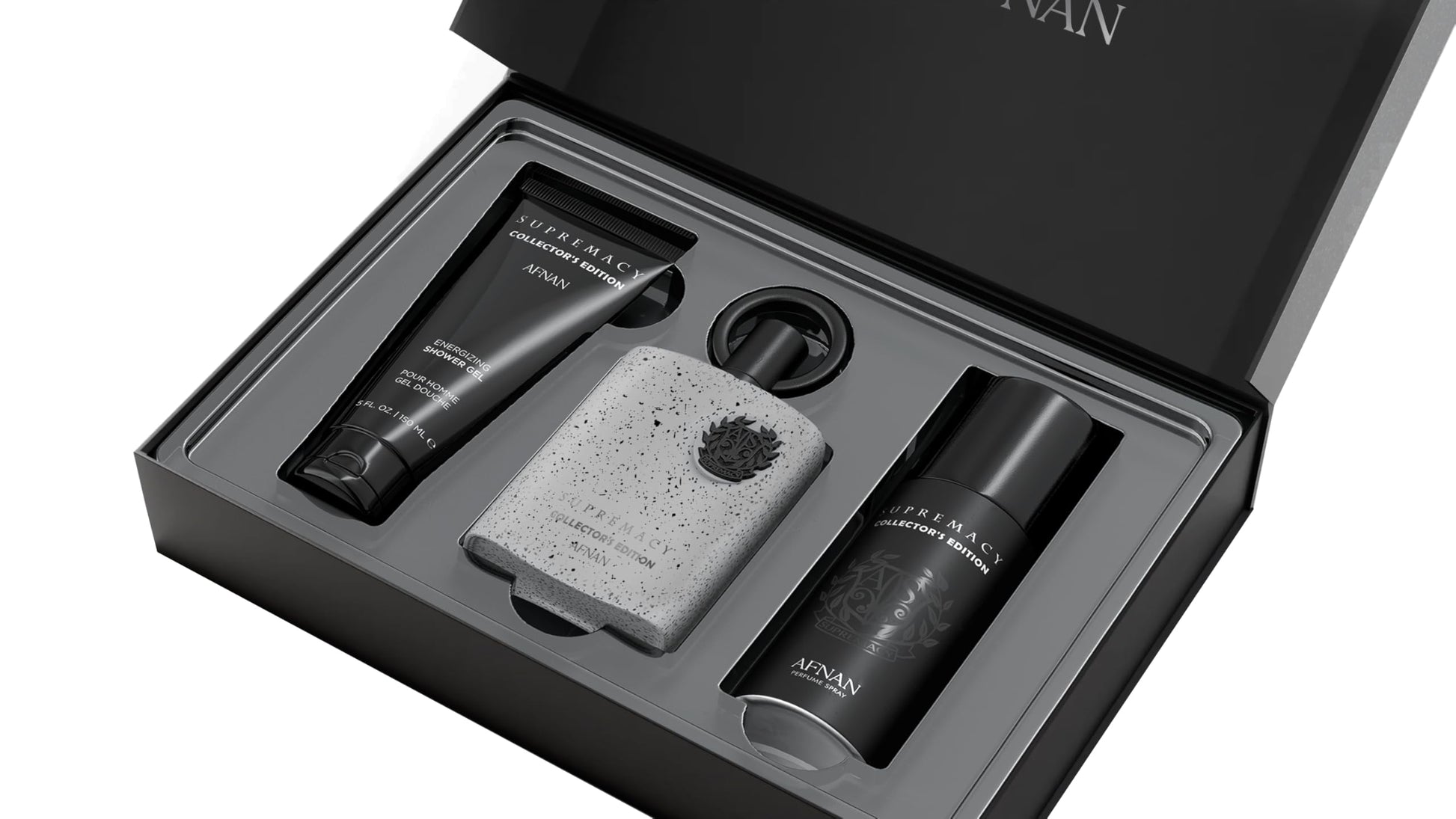 Afnan Supremacy Collector's Edition perfume bottle and grooming items