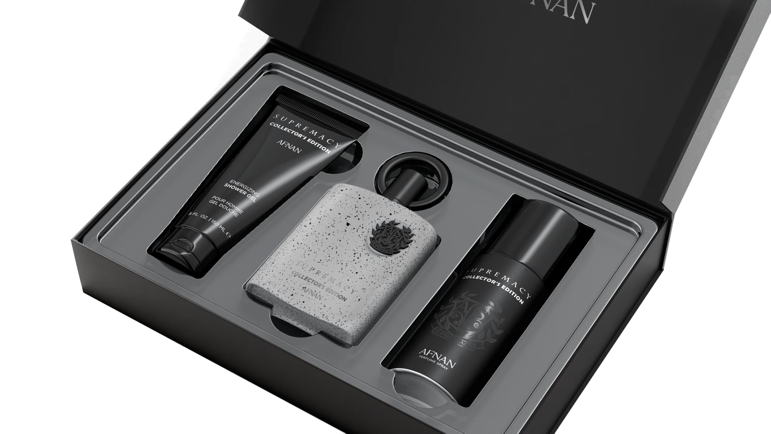 Afnan Supremacy Collector's Edition perfume bottle and grooming items