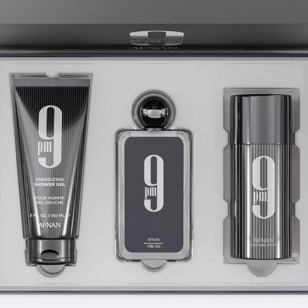 Afnan 9 PM Eau de Parfum bottle and grooming products