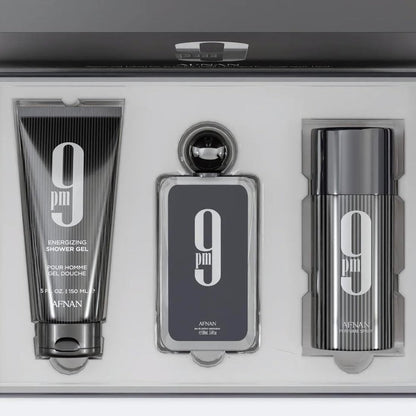 Afnan 9 PM Eau de Parfum bottle and grooming products
