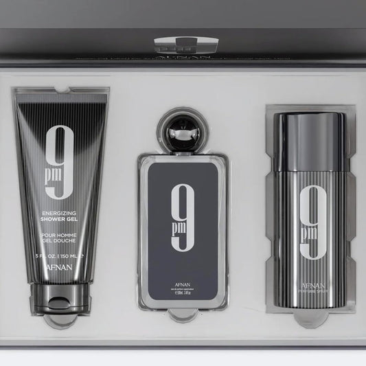 Afnan 9 PM Eau de Parfum bottle and grooming products