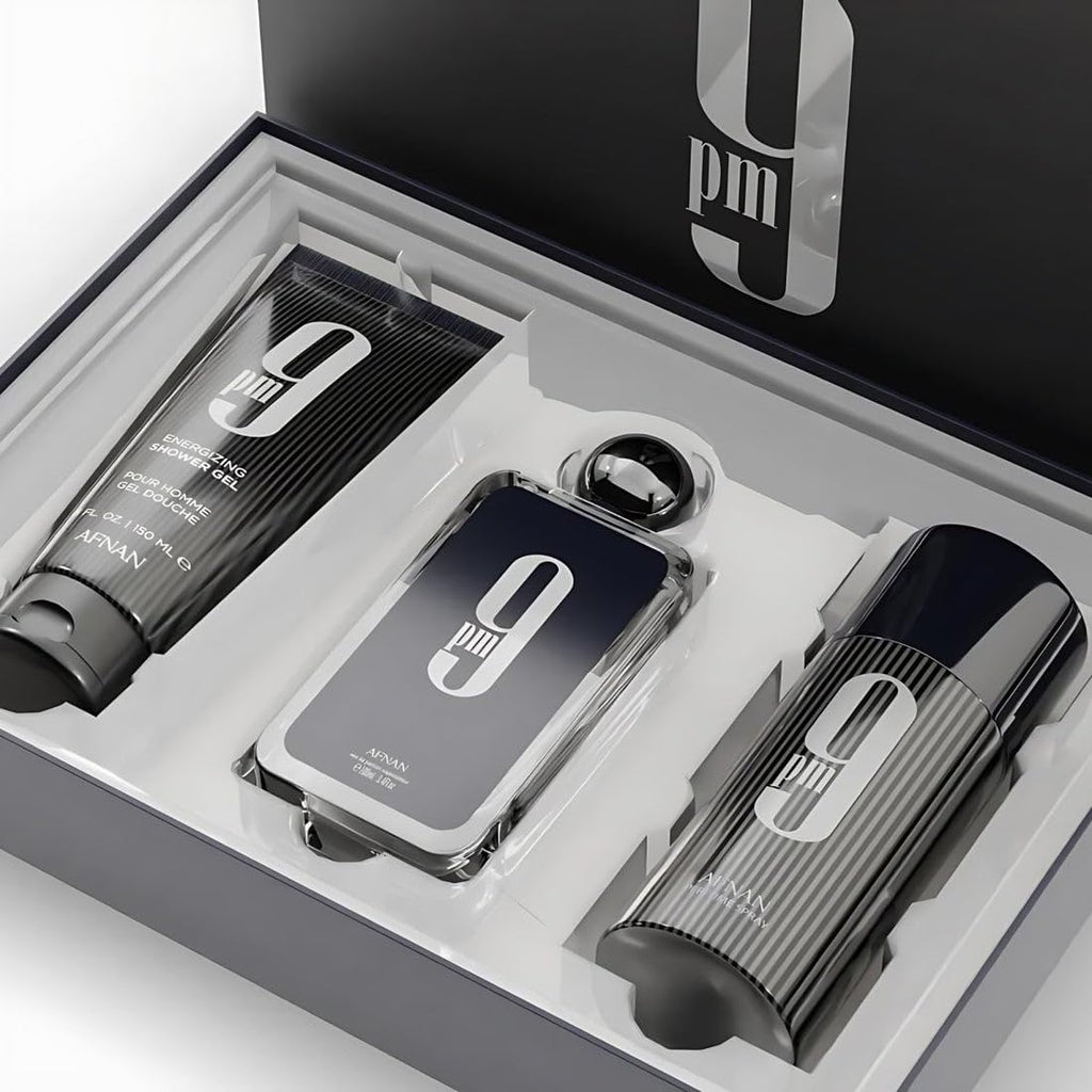 Afnan 9 PM collection set for men packaging