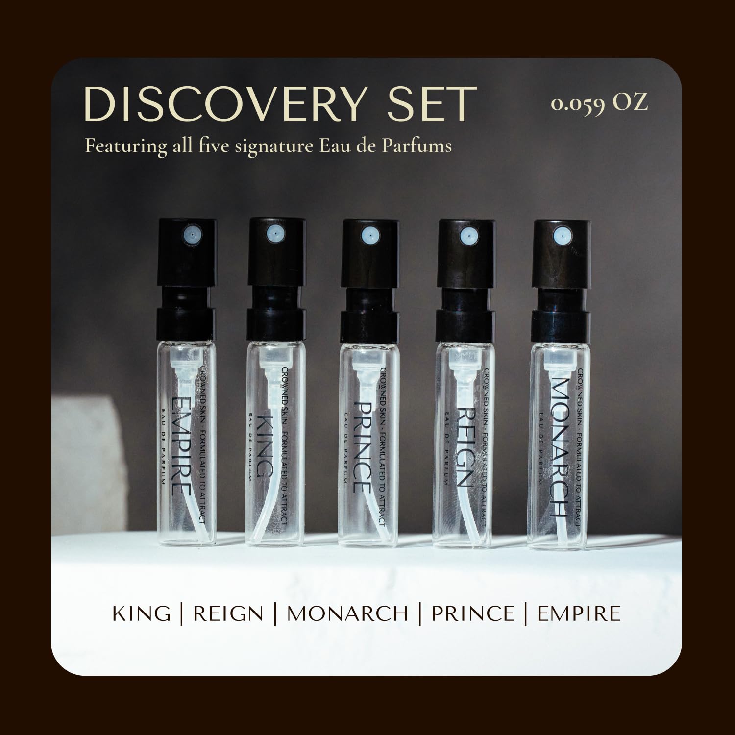 Five vials of Crowned Skin luxury cologne variety pack