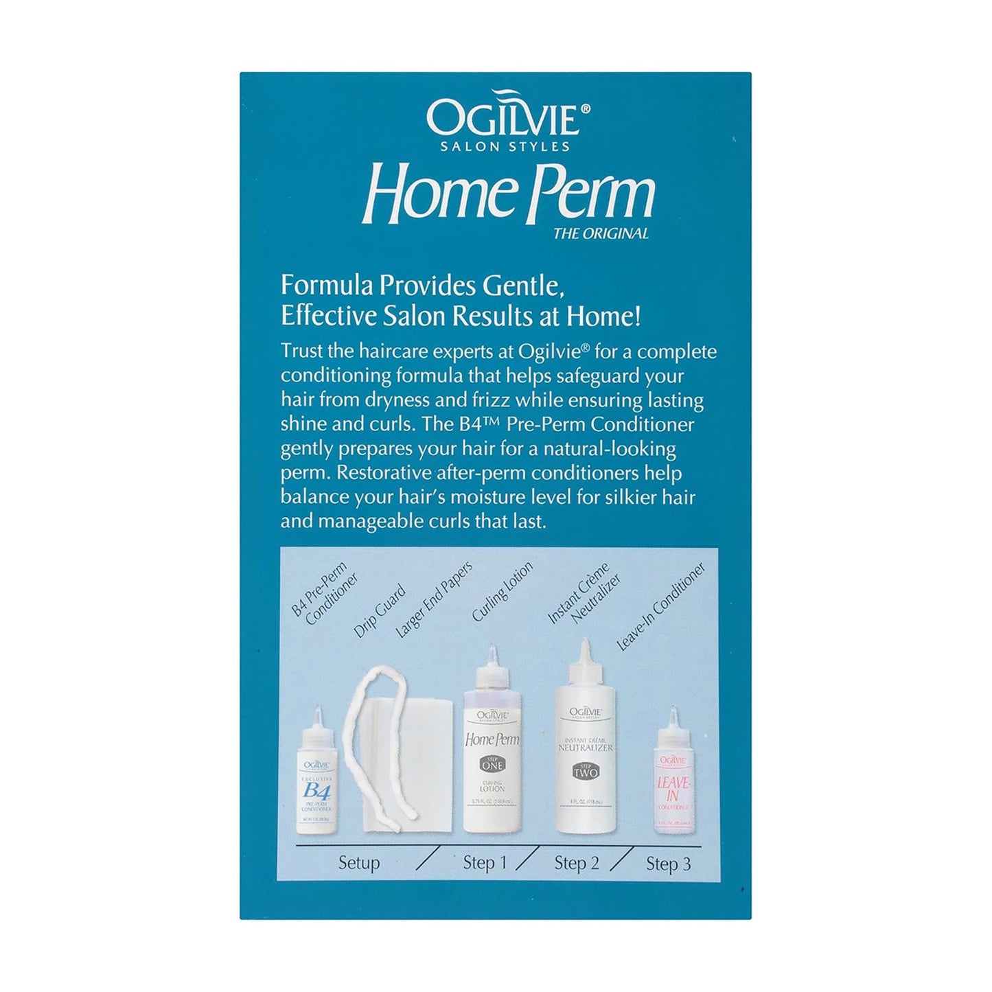 Back packaging of Ogilvie salon styles original perm showcasing step by step product contents
