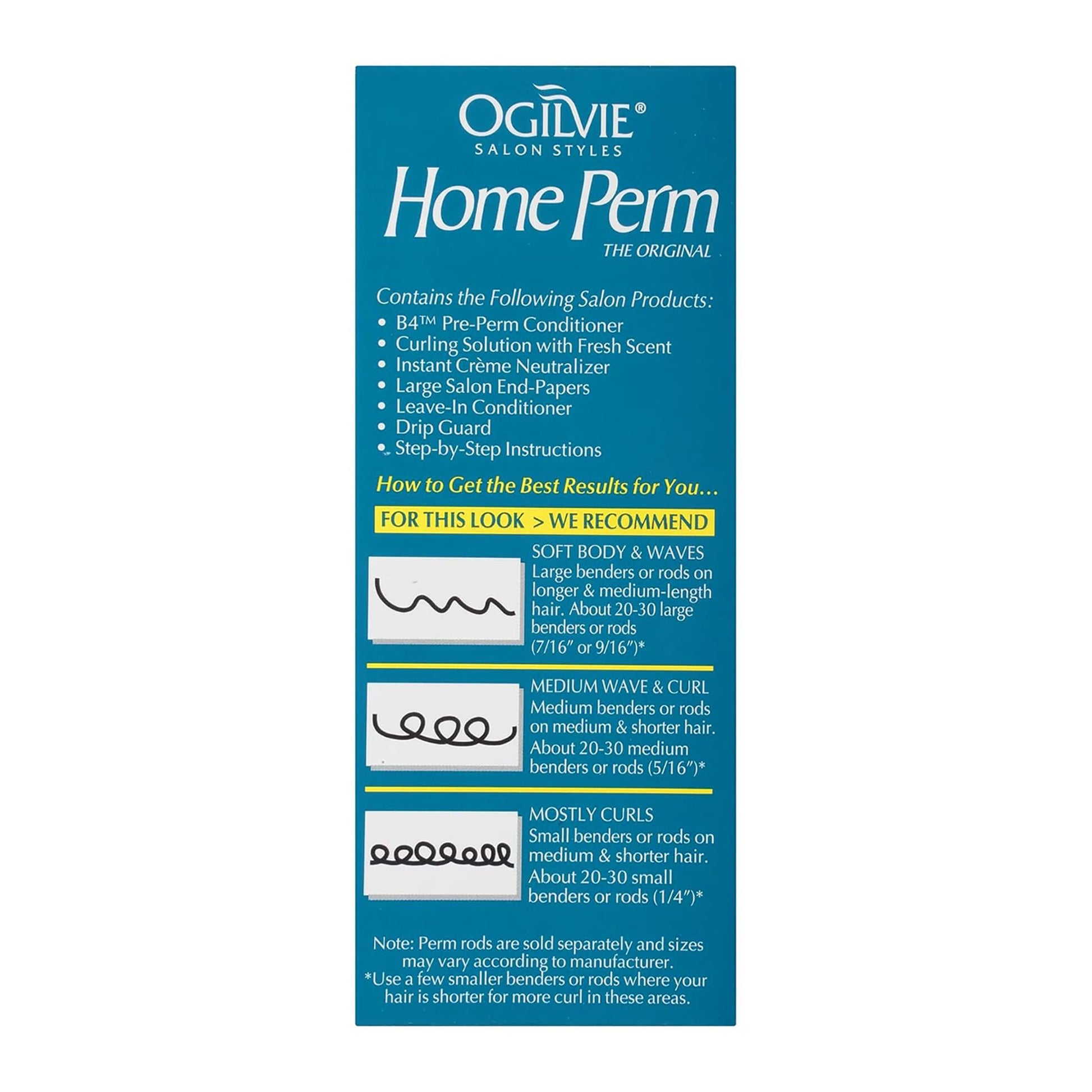 Side angle of Ogilvie extra body home perm box showcasing the fresh scent and drip guard features
