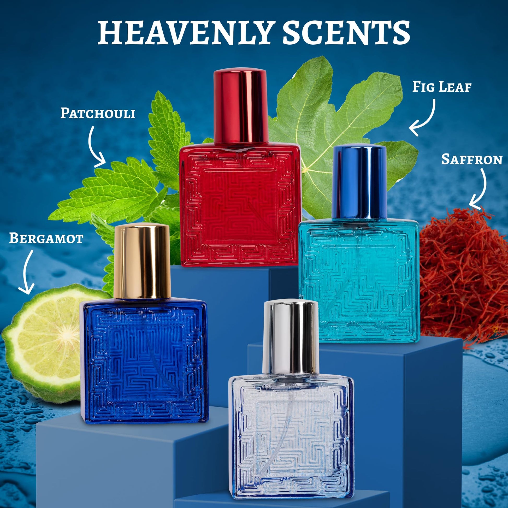 Four assorted NovoGlow Verse travel size perfume bottles