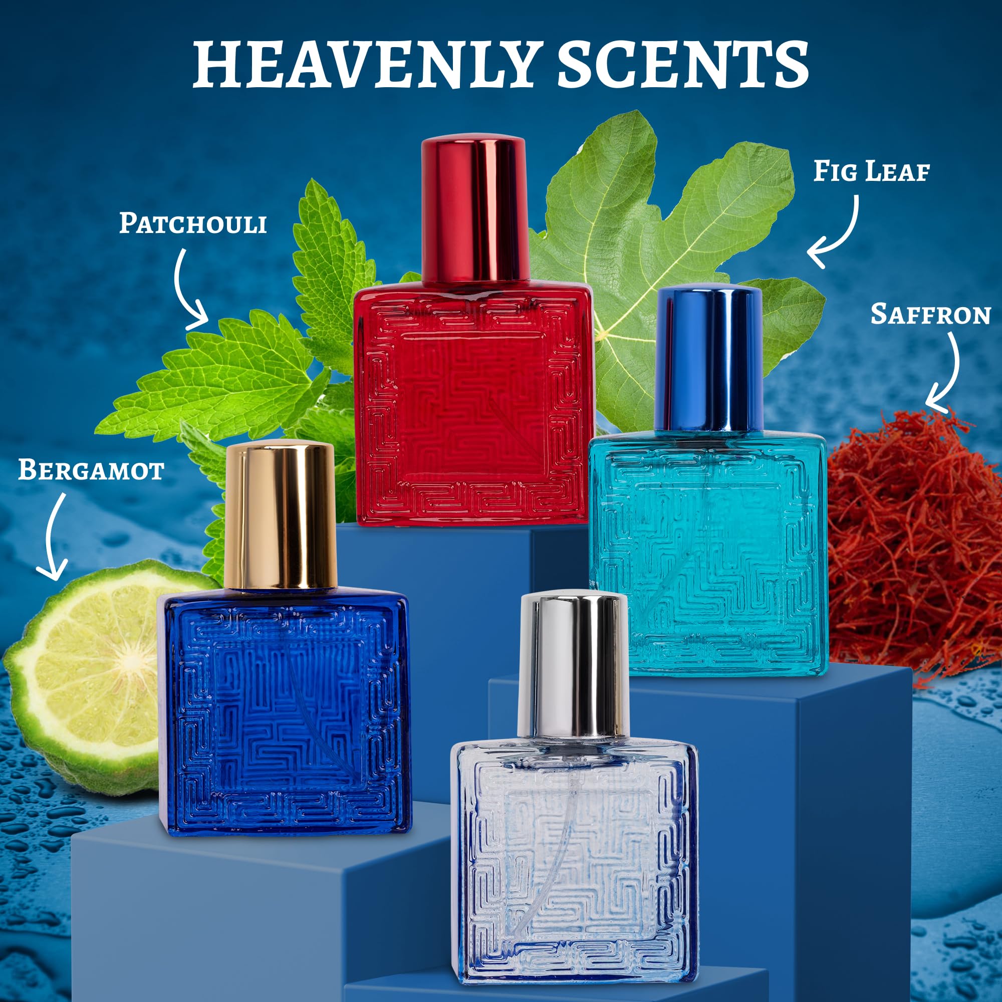Four assorted NovoGlow Verse travel size perfume bottles