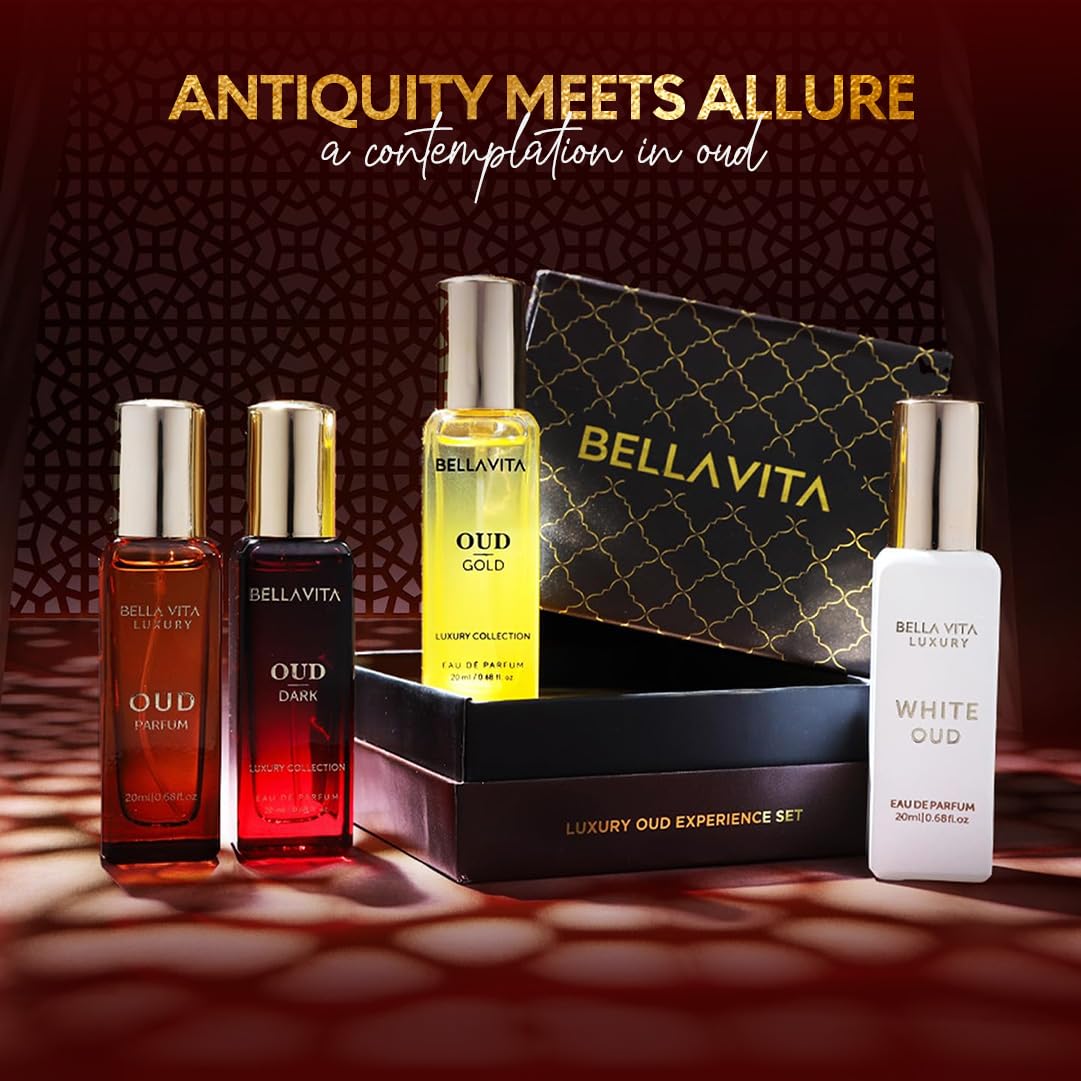 Close up of Bella Vita Luxury Oud Gold and Dark perfume bottles