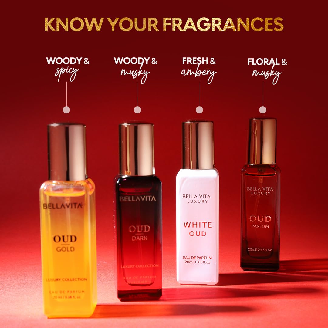 The complete collection of four unisex oud perfumes from Bella Vita Luxury