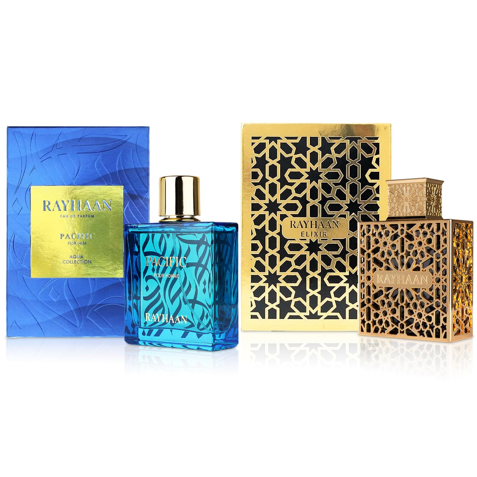 Rayhaan Elixir and Pacific 3.4 fluid ounce perfume set packaging