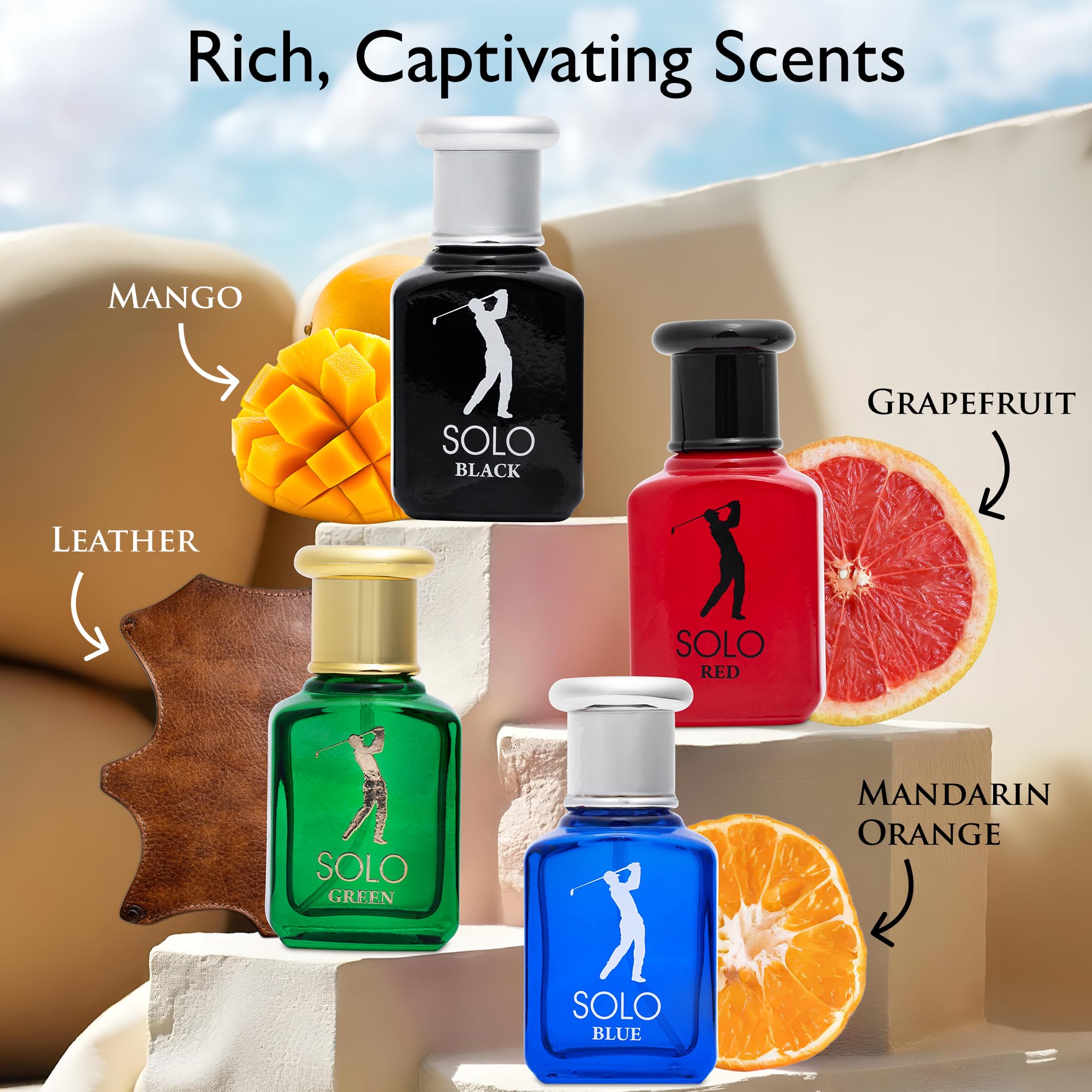 Four NovoGlow Solo perfume bottles arranged together