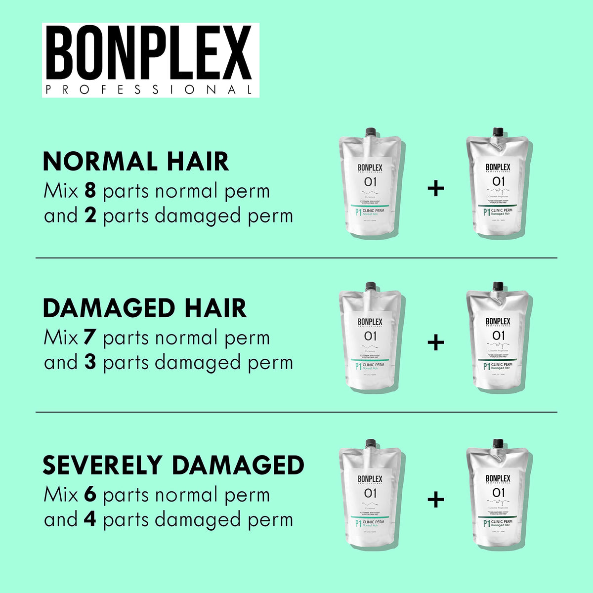 BONPLEX clinic perm cream for normal and damaged hair types showing product size.