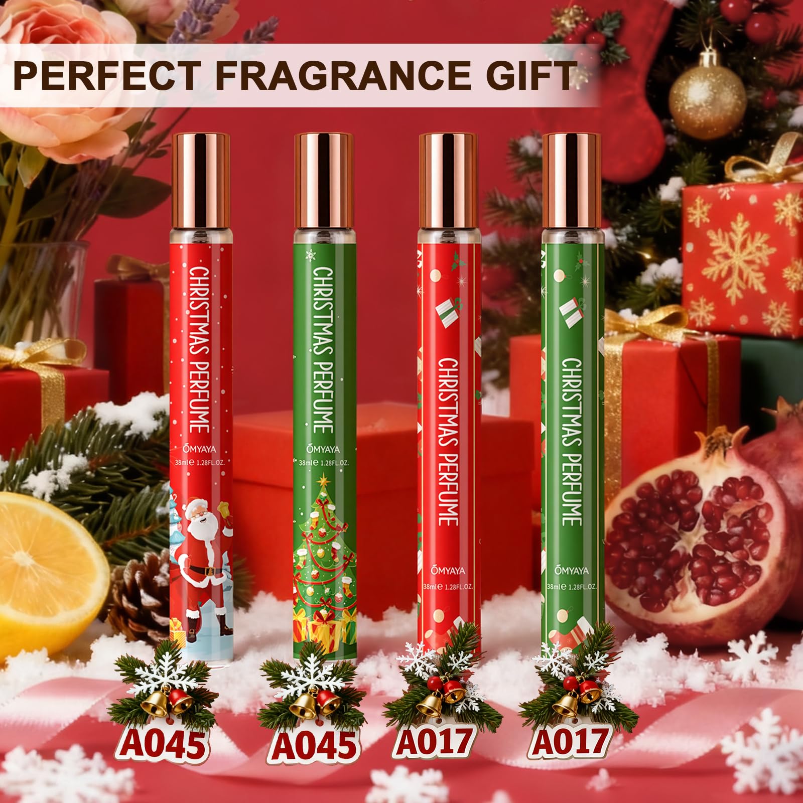 Close up of Ofun fragrance bottles with festive holiday packaging