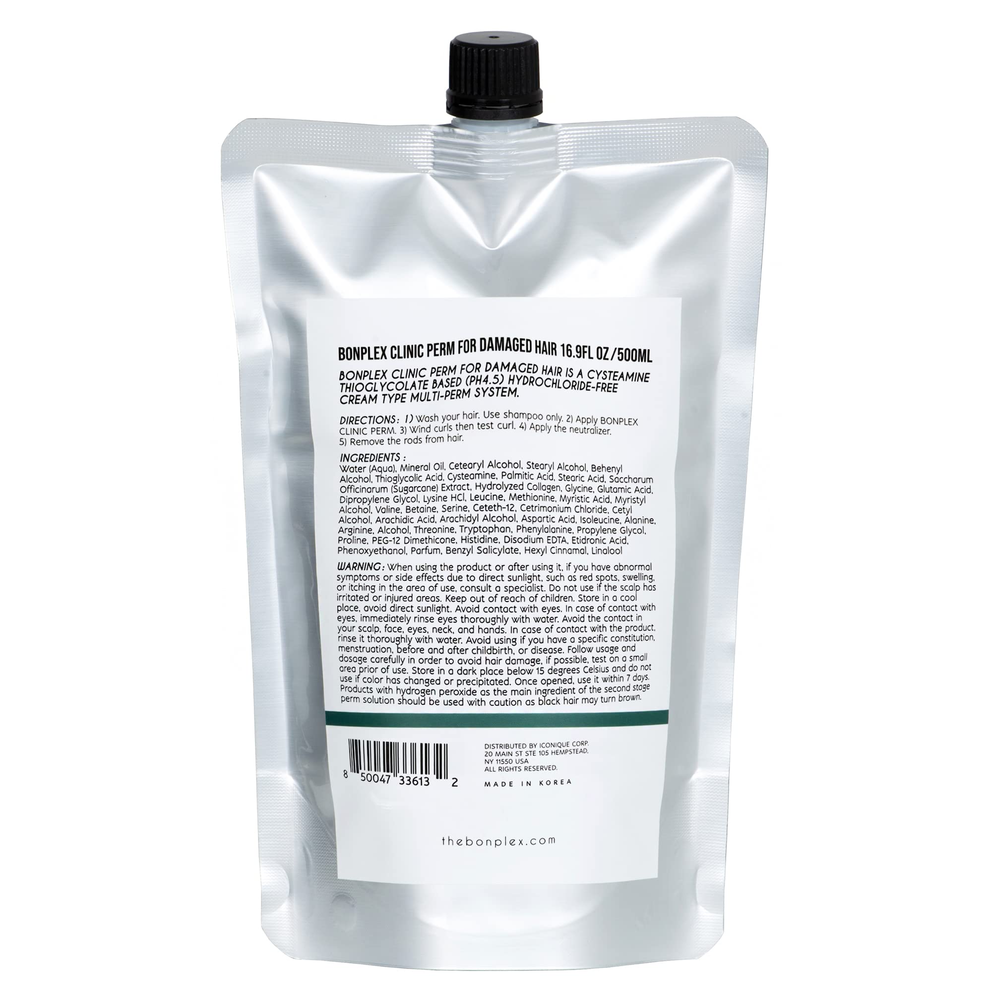 Bonplex Clinic Perm back packaging displaying full ingredients and instructions for damaged hair.