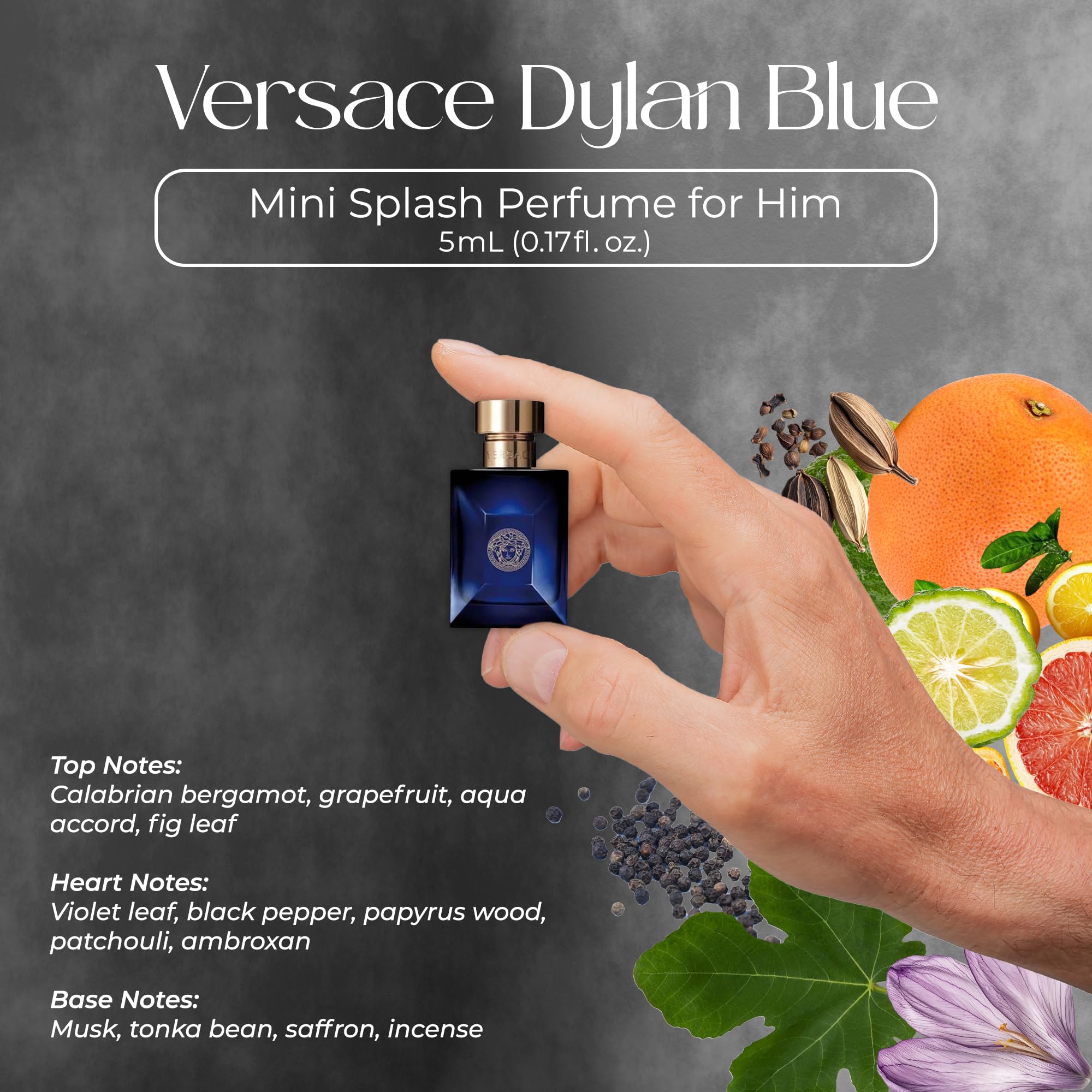 Versace Dylan Blue and Eau Fraiche five-milliliter miniature splash bottles showing detailed engraving