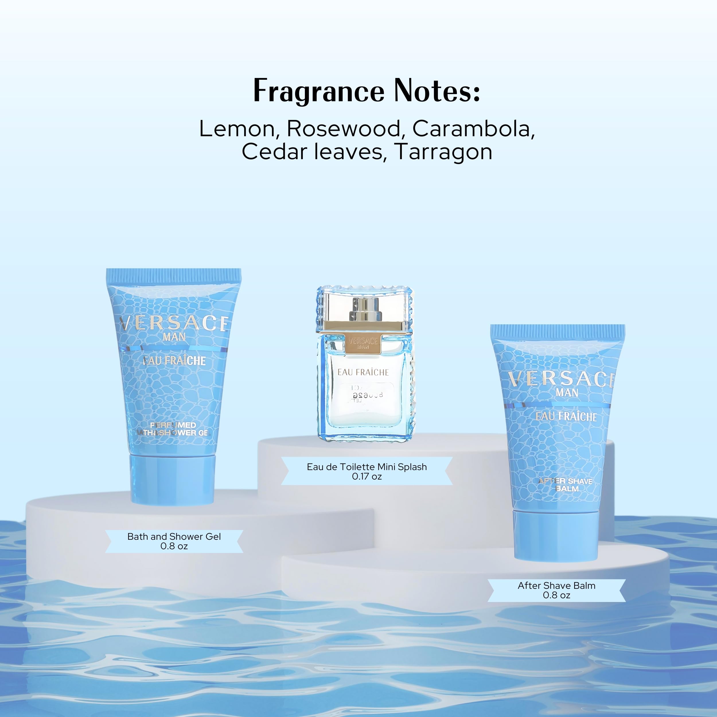 Versace luxury travel perfume and after shave set for men displaying three miniature pieces