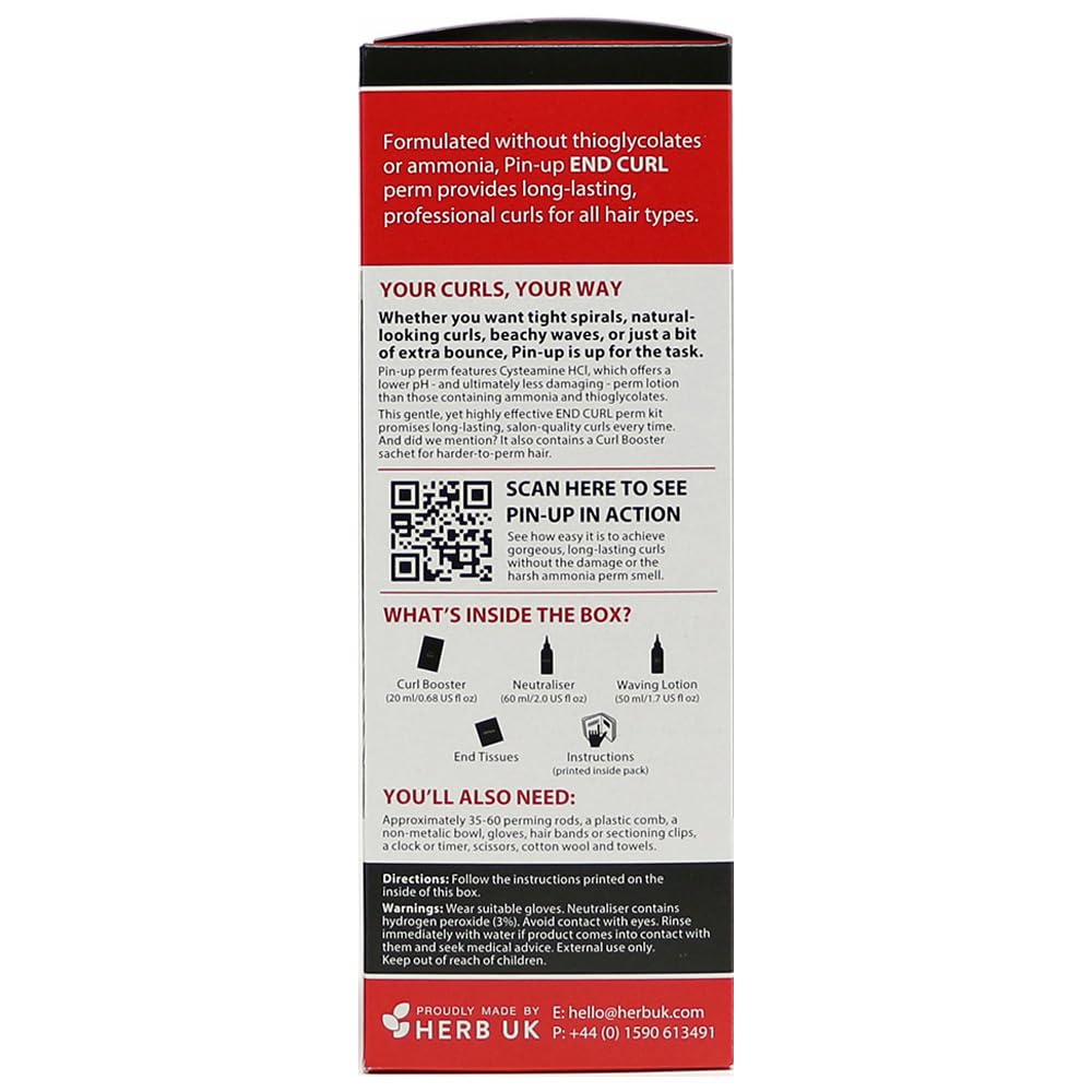 Back label of Pin-Up End Curl perm bottle displaying vegan and ammonia free product benefits.