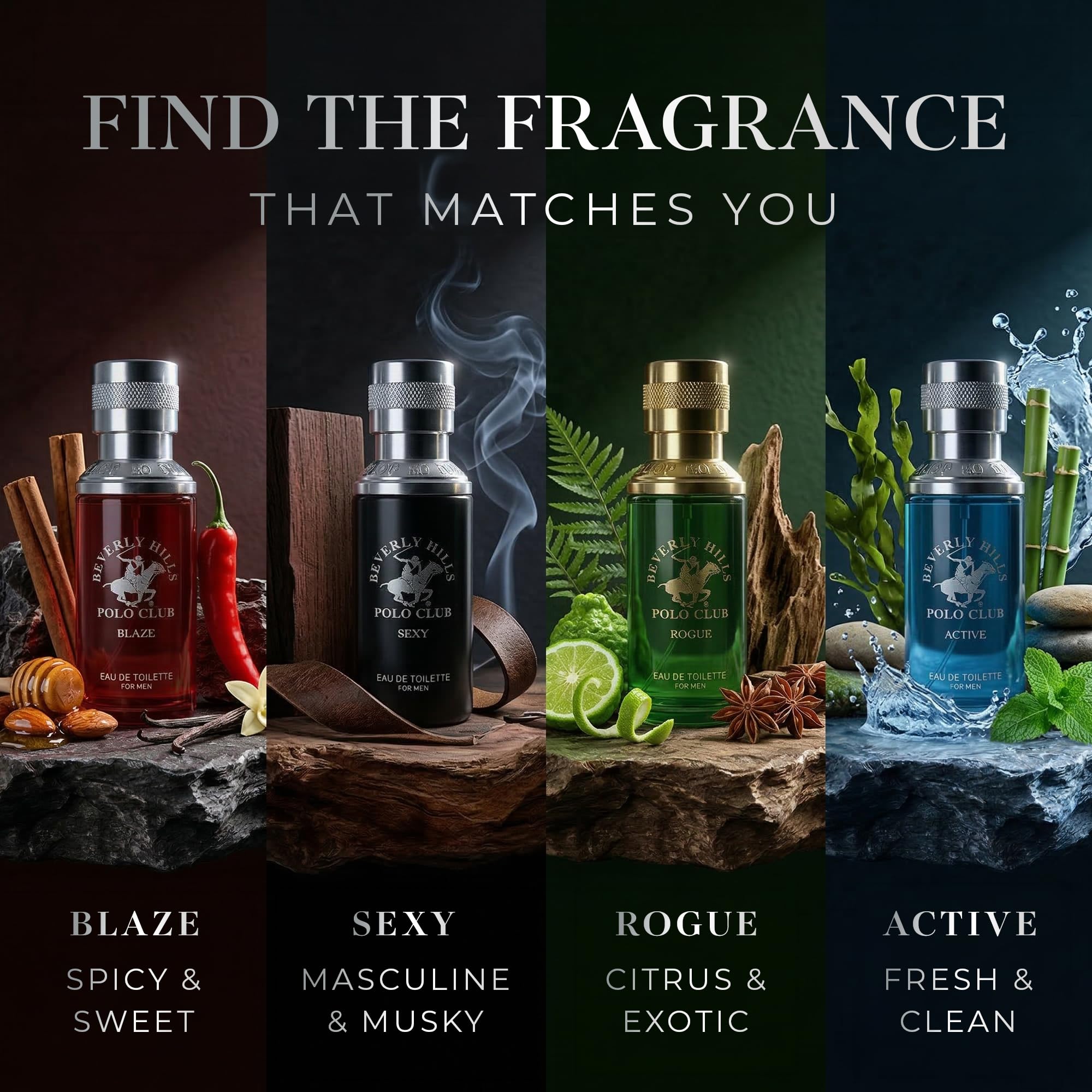 Four bottles of Beverly Hills Polo Club cologne in a premium box