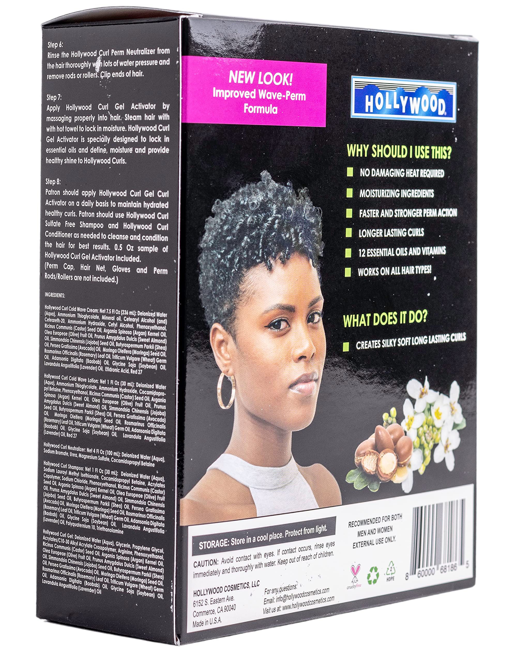 Hollywood Curl permanent cold wave solution kit box contents including curly perm creme and neutralizer bottles