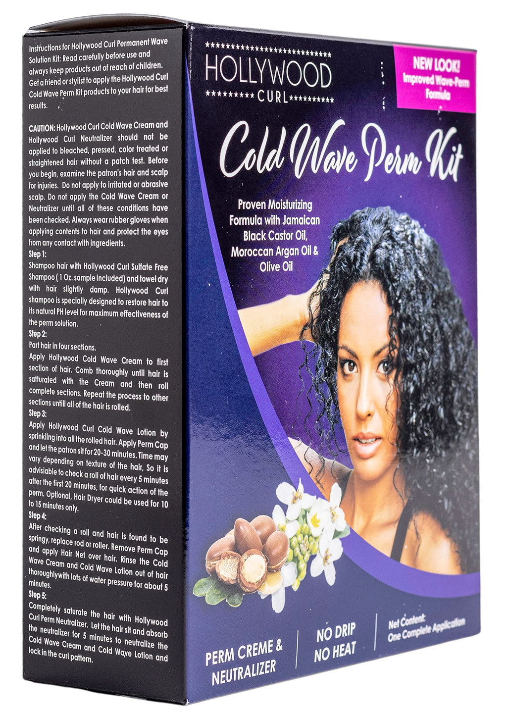 Hollywood Cosmetics cold wave perm kit showing product labels detailing Jamaican black castor oil and argan oil ingredients