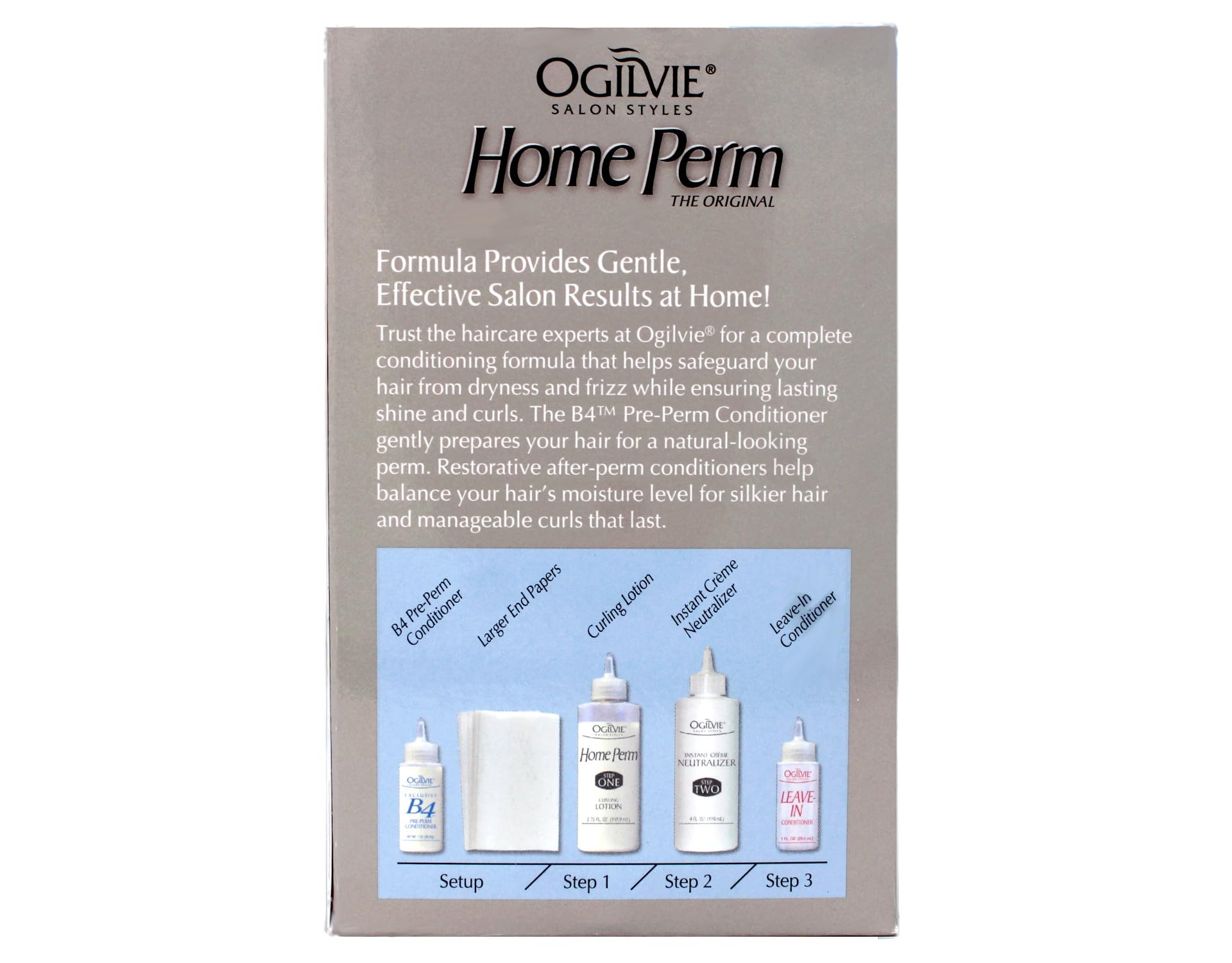 Ogilvie Home Perm Kit box showing heat activated extra body formula details