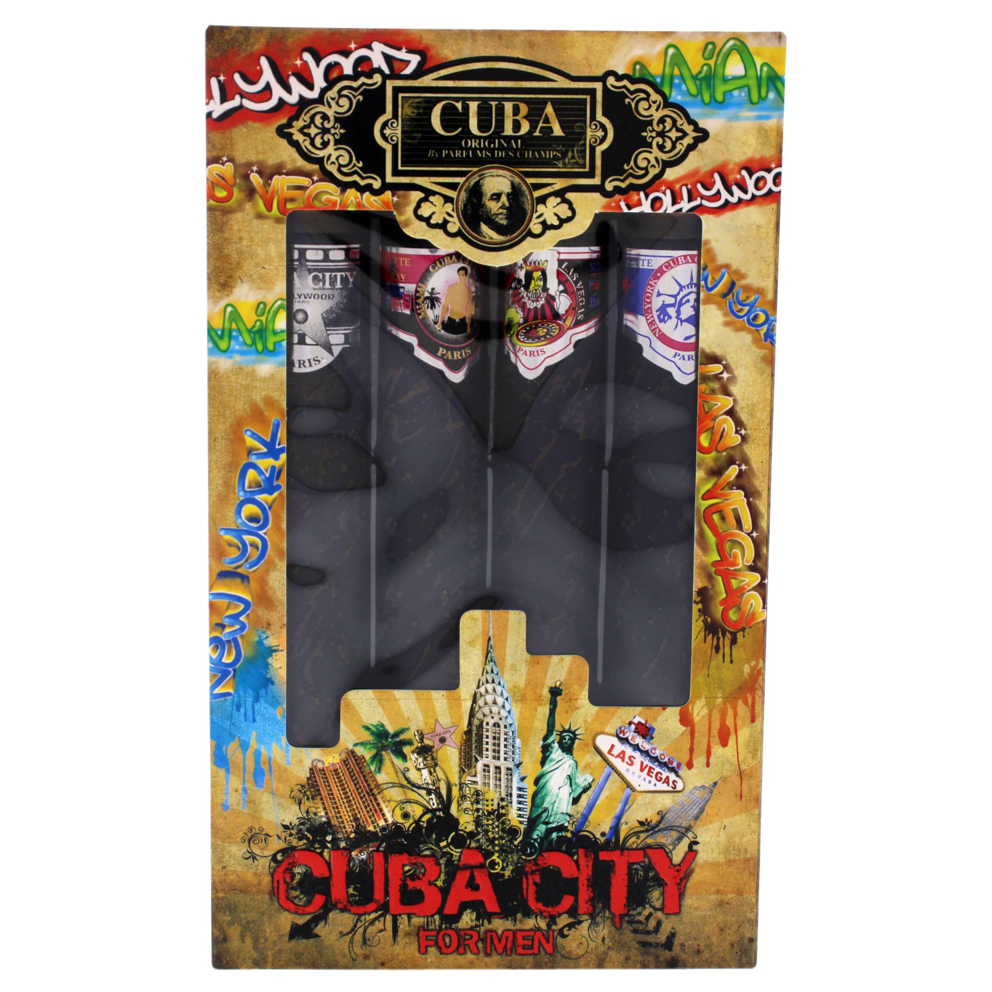 Close up view of the signature cigar-inspired glass bottles from the Cuba City fragrance sampler set.