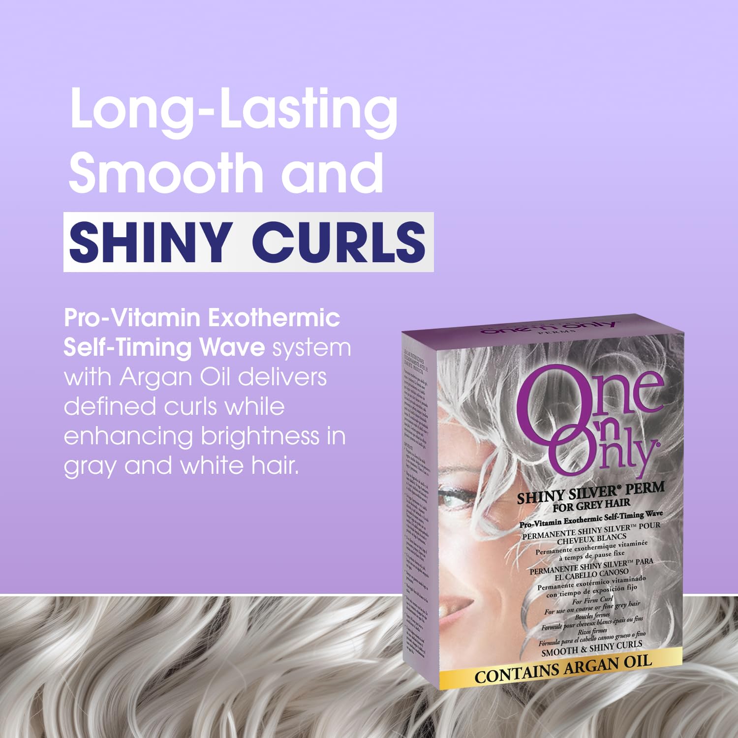 Self heating home perm kit for women with gray hair showing argan oil benefits