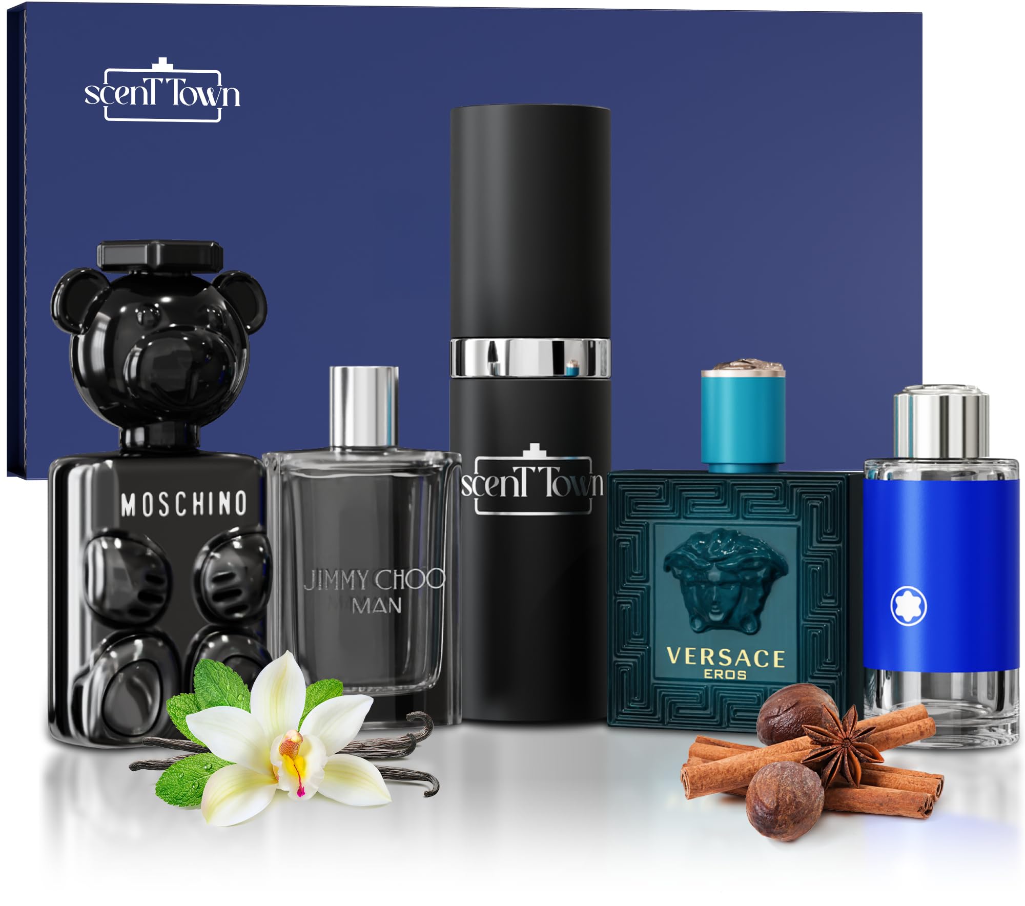 Four miniature designer cologne bottles in display box