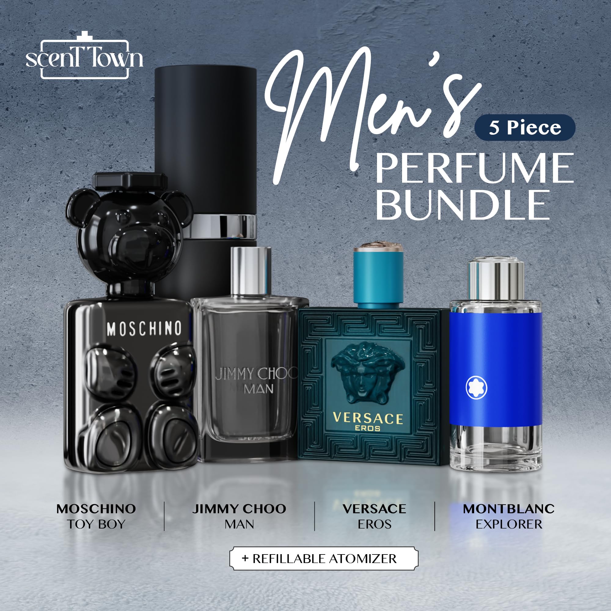 Mens cologne sampler set with refillable atomizer