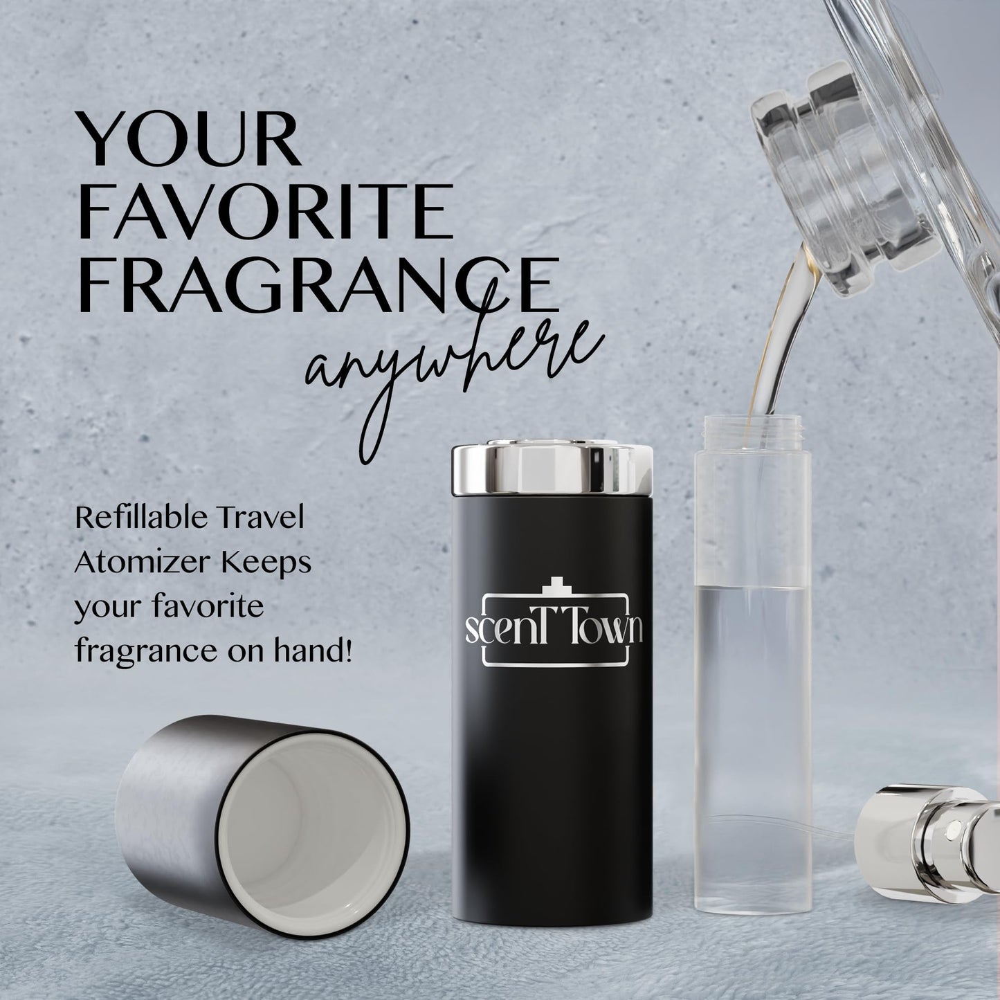 Close up of mini cologne bottles and atomizer