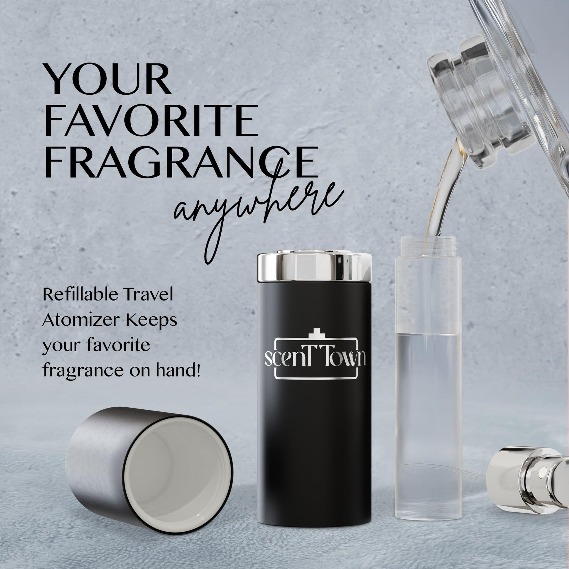 Close up of mini cologne bottles and atomizer