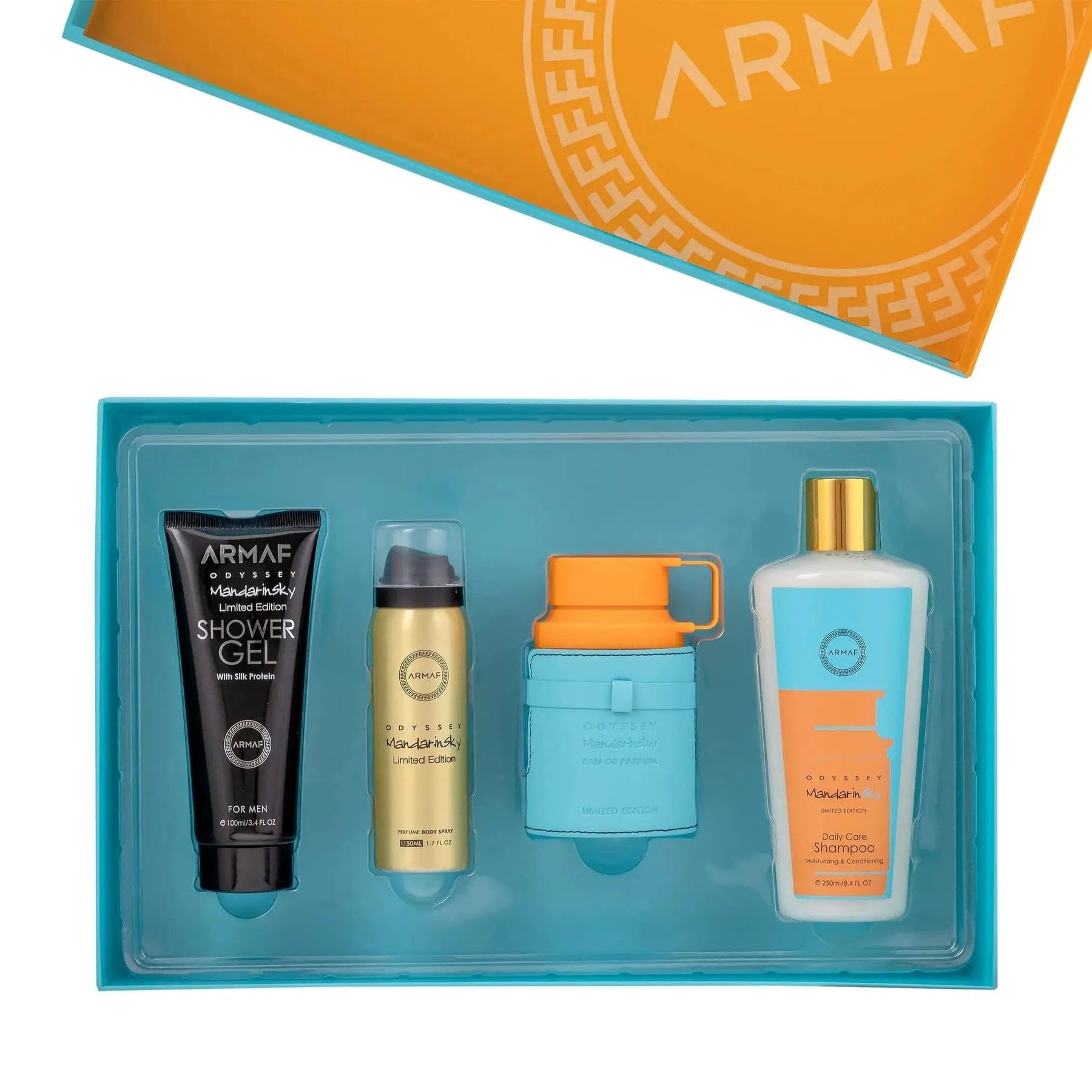 Armaf Odyssey Mandarin Sky Eau de Parfum bottle and grooming products