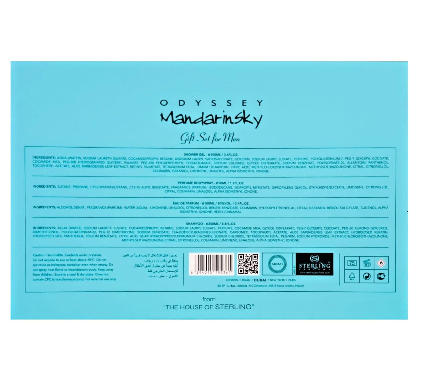Close up of Armaf Odyssey Mandarin Sky gift set for men